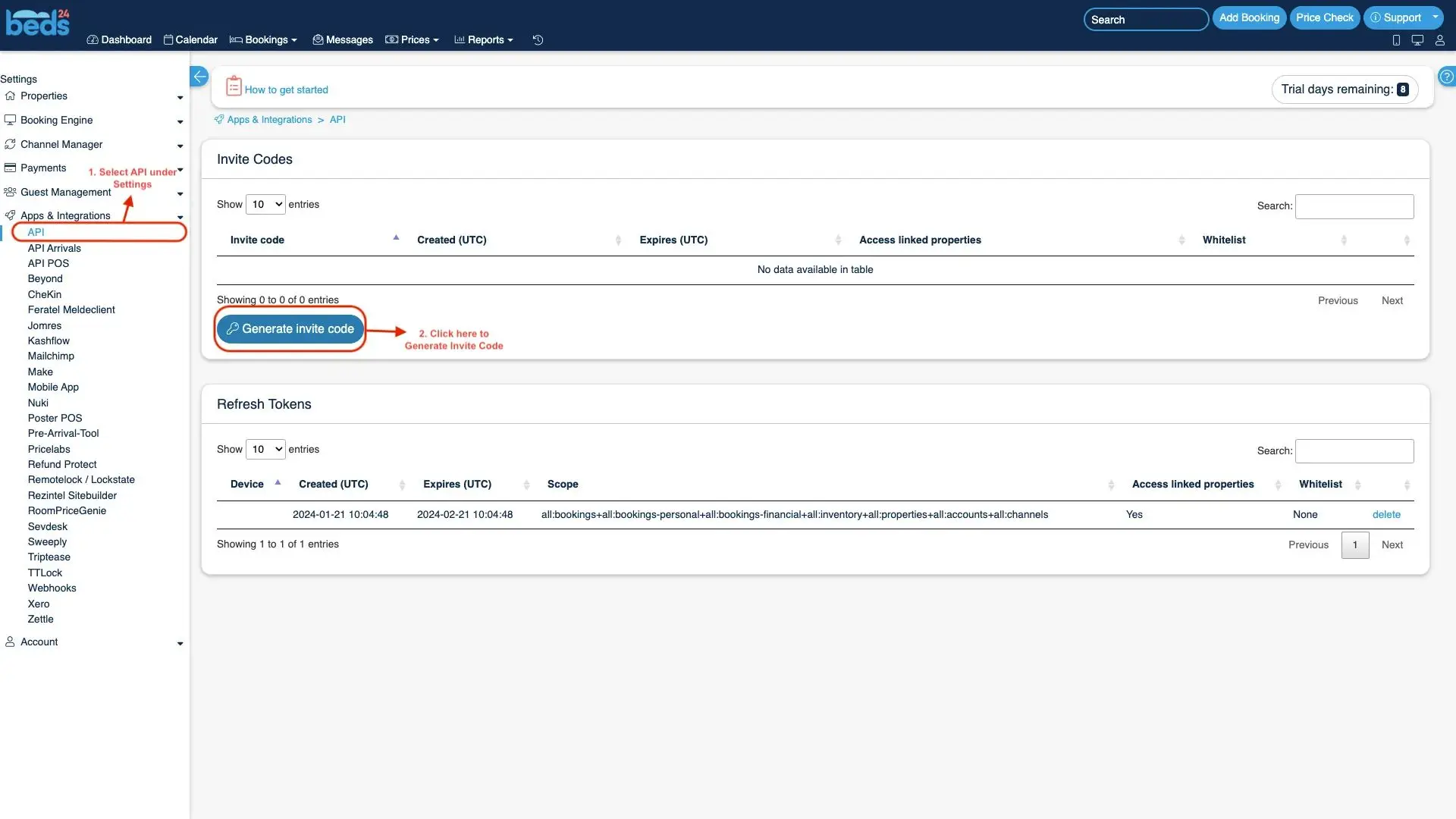 Beds24 API section under Apps & Integrations showing Invite Codes and Refresh Tokens management.