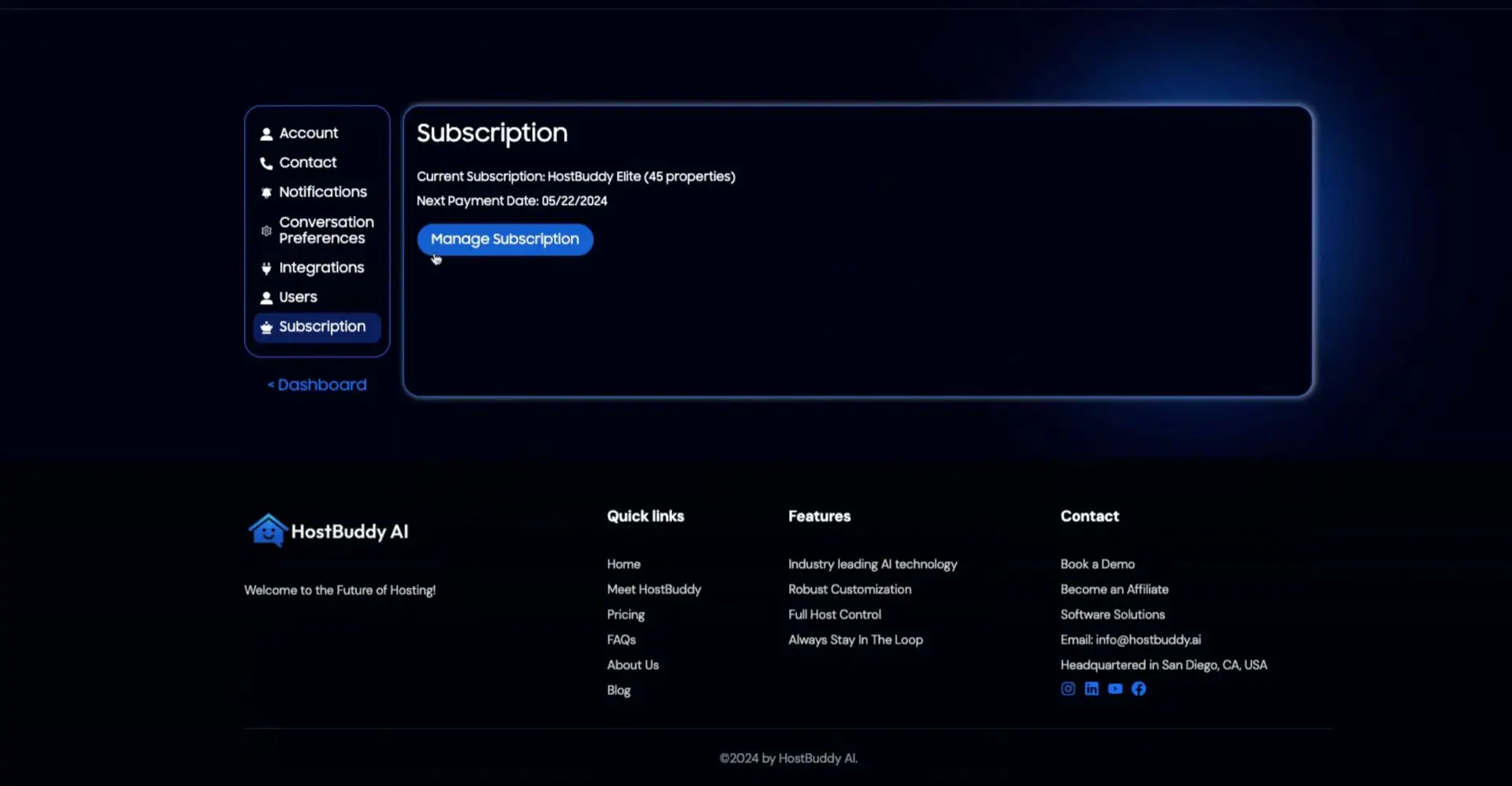 HostBuddy AI Settings - Subscription page showing current subscription details and management options.