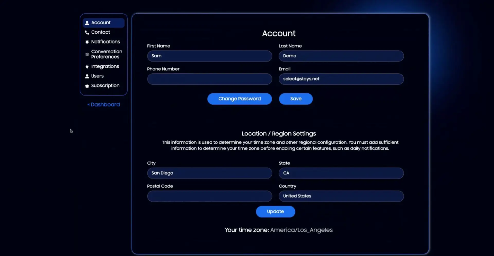 HostBuddy Settings - Account and Location/Region Settings page