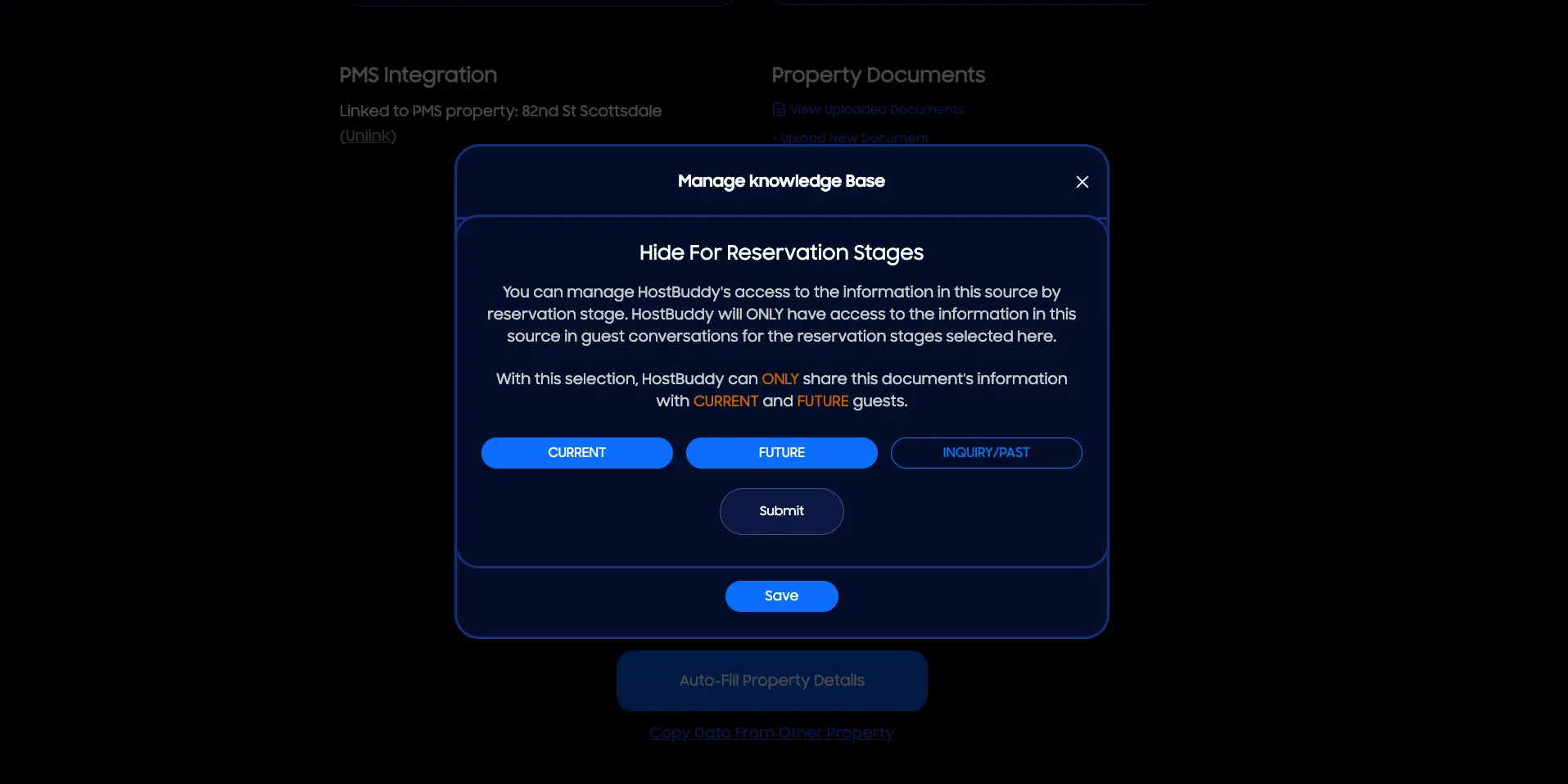 HostBuddy Properties Page - Manage Knowledge Base modal for reservation stages