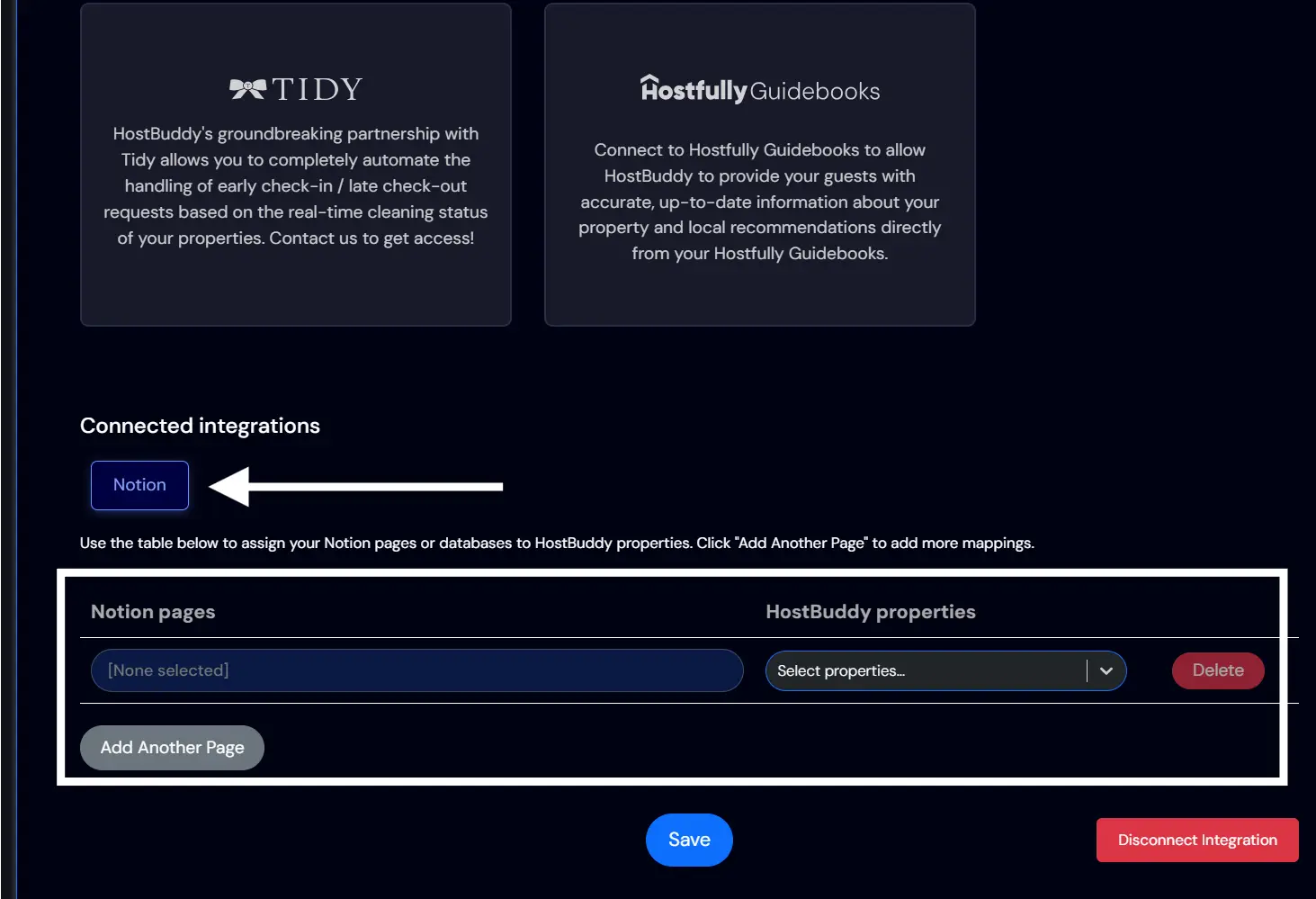 HostBuddy Integrations and Partnerships screen showing Notion integration setup.