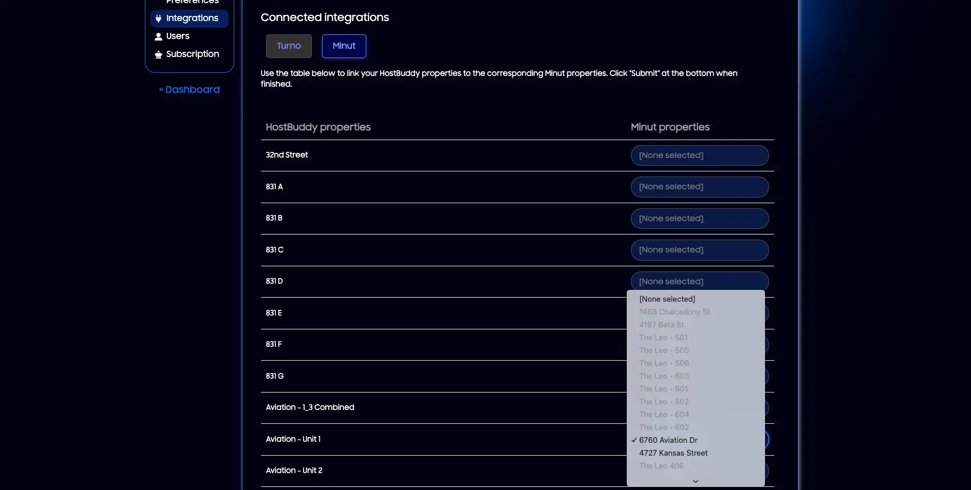 HostBuddy Integrations settings page showing property linking between HostBuddy and Minut.