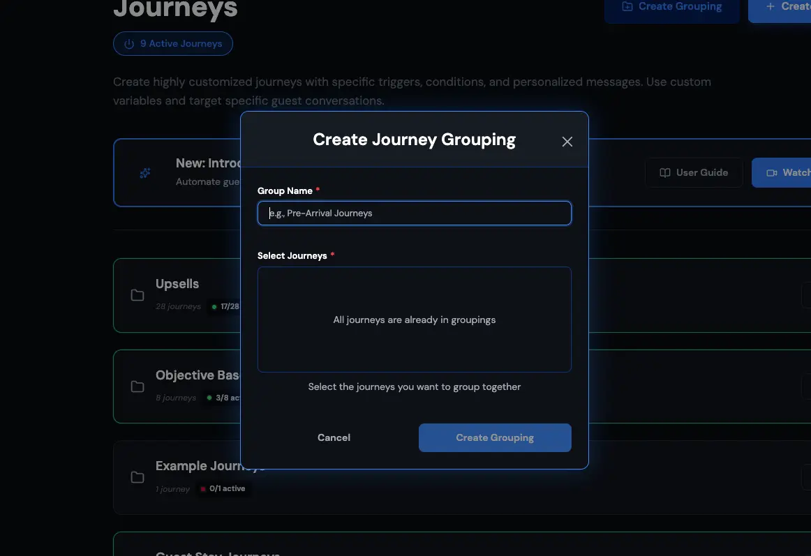 HostBuddy Journeys section with Create Journey Grouping dialog open.