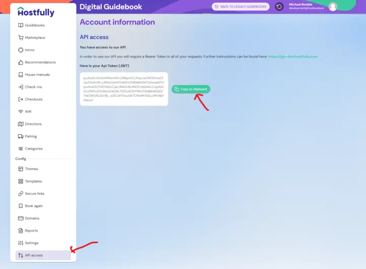Hostfully Digital Guidebook API access page showing JWT token and copy button.