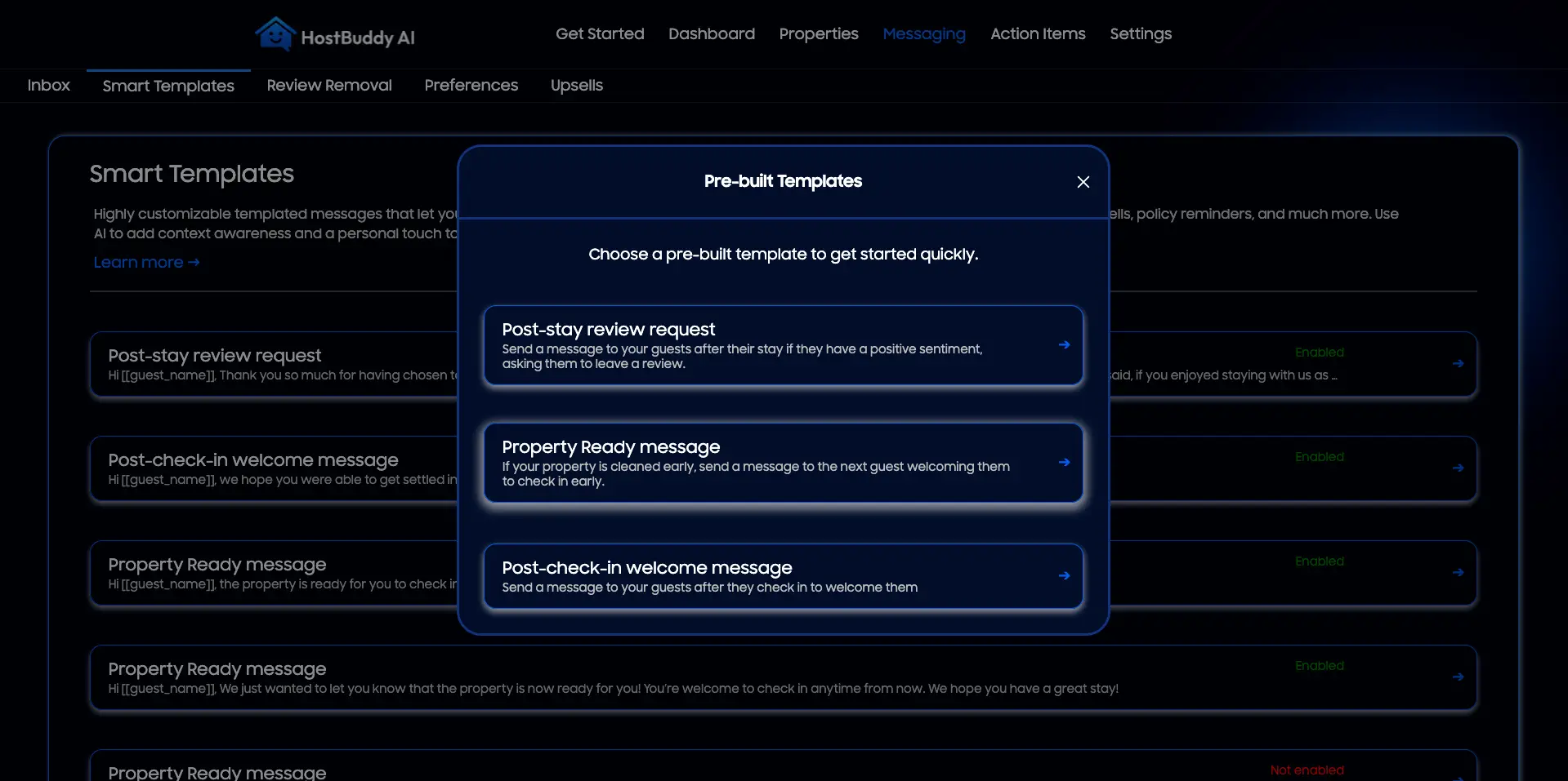 HostBuddy AI Smart Templates screen with pre-built messaging templates pop-up.