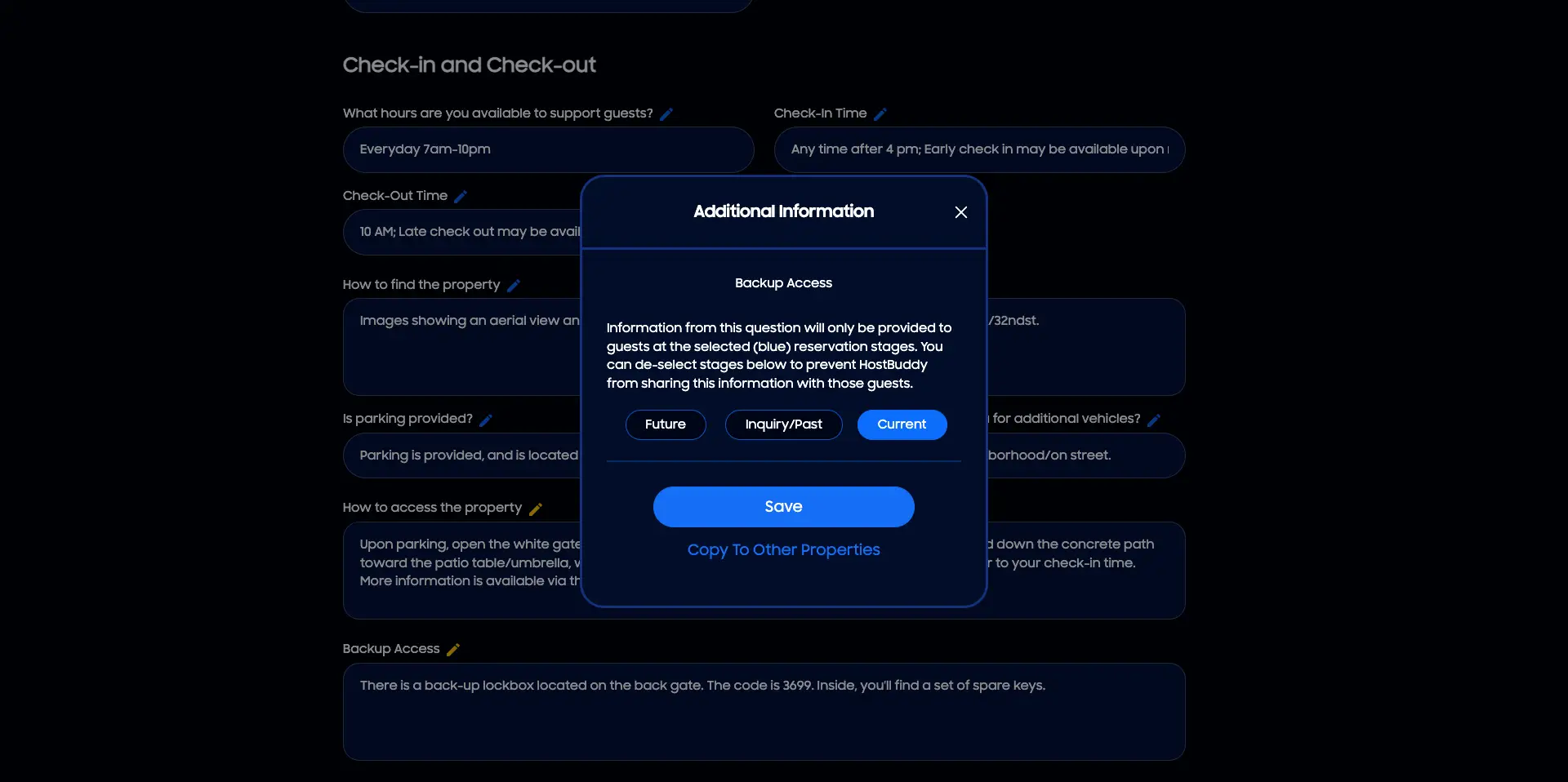 HostBuddy Properties Page - Check-in and Check-out section with Additional Information modal open.