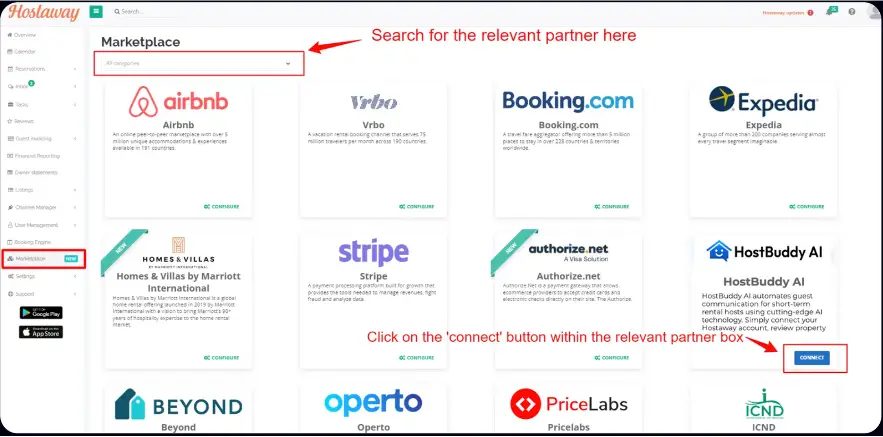 Hostaway Marketplace screen showing partner integration options including HostBuddy AI.