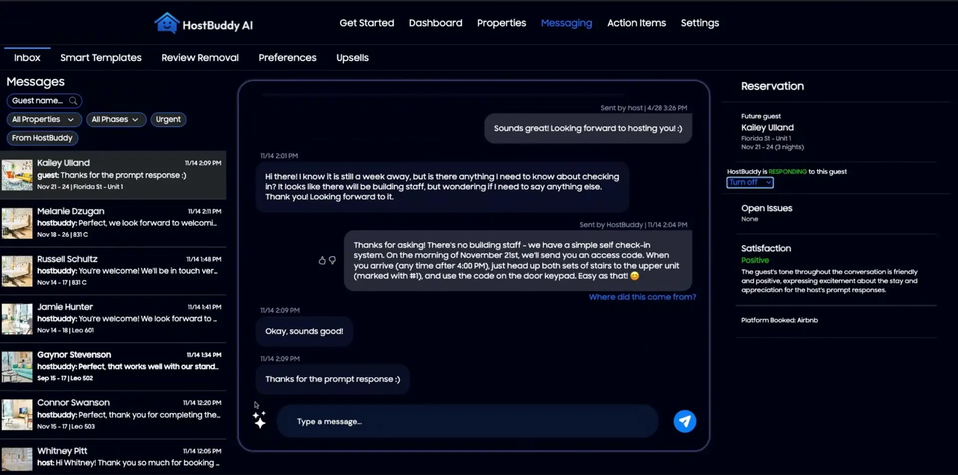 HostBuddy AI messaging interface showing guest conversation and reservation details.