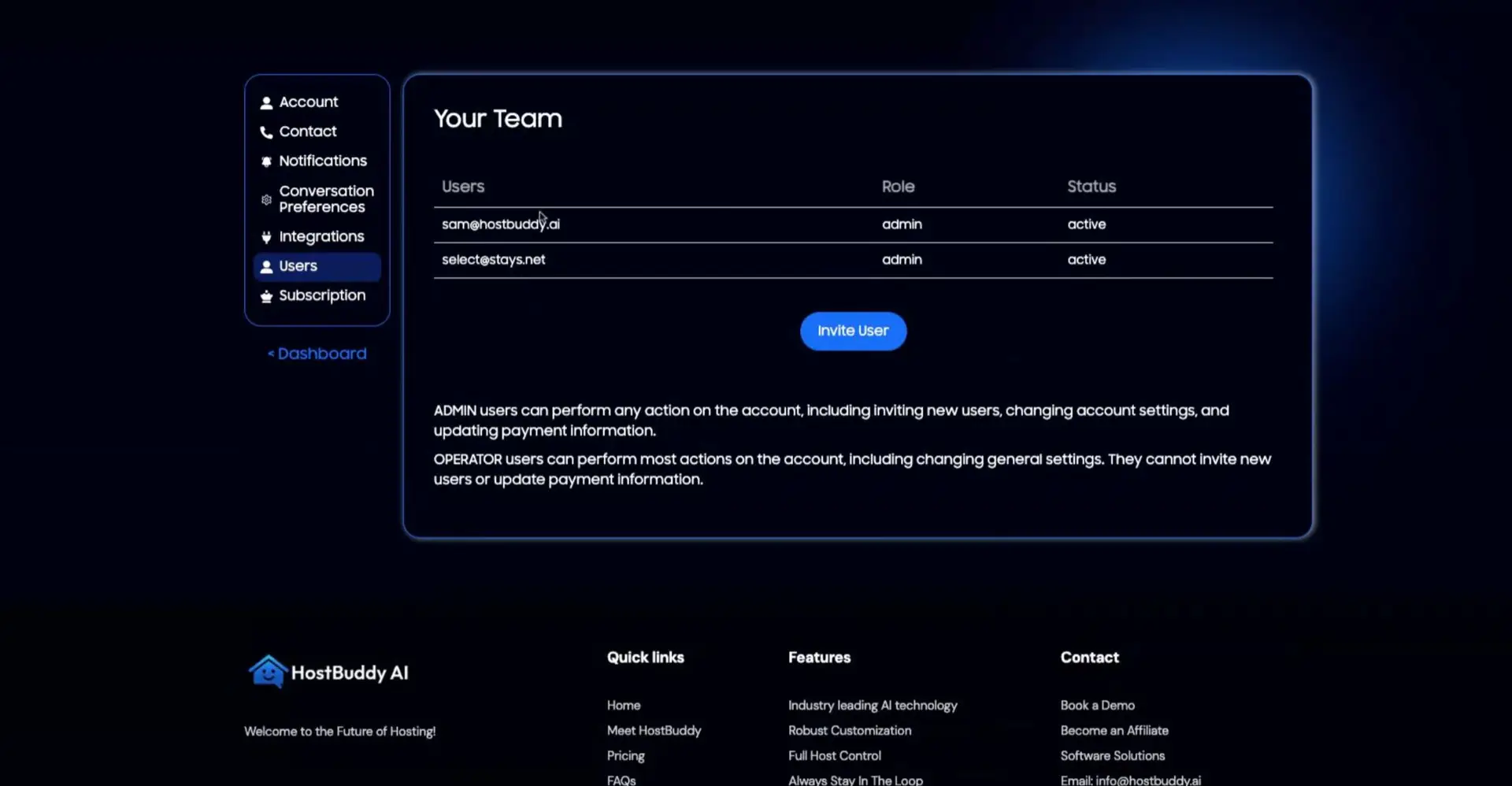 HostBuddy AI Settings - Users