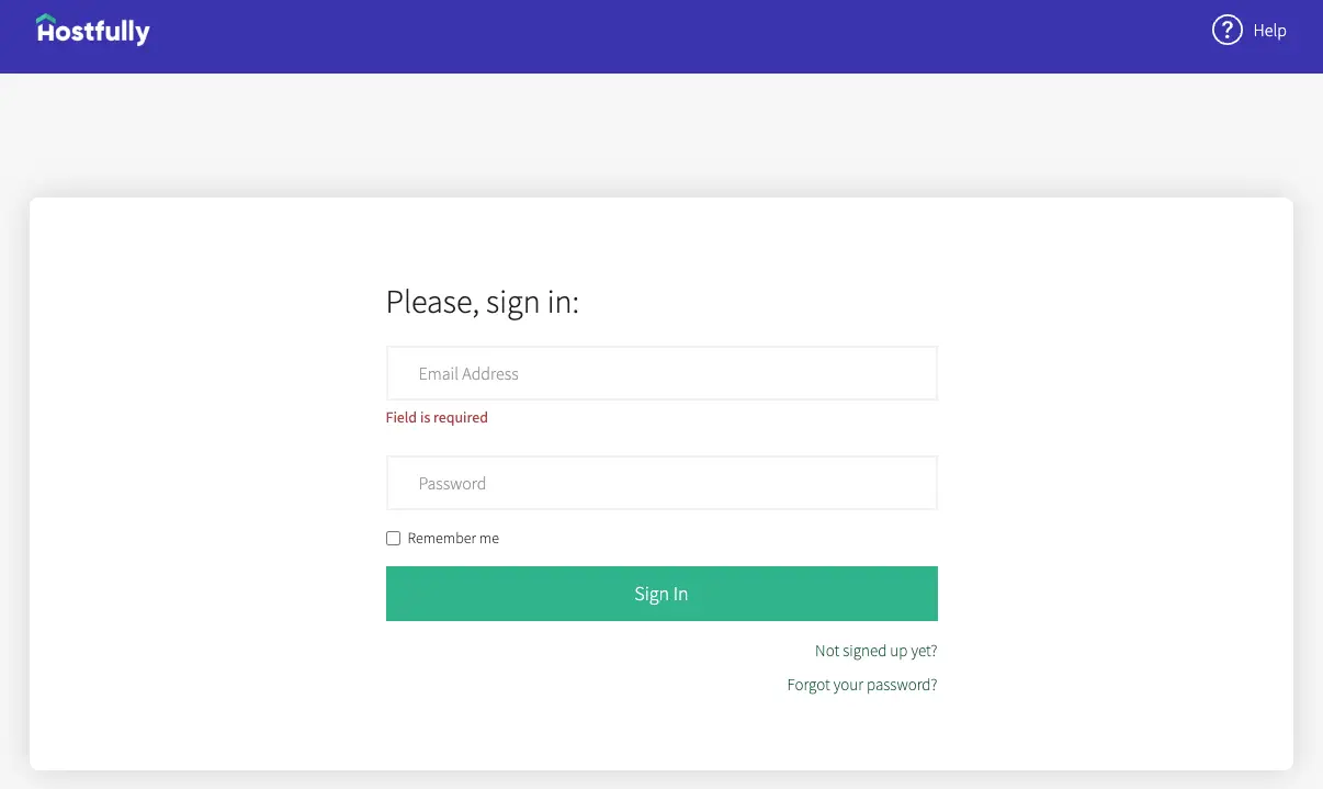 Hostfully login page with email and password fields, sign in button, and help link.