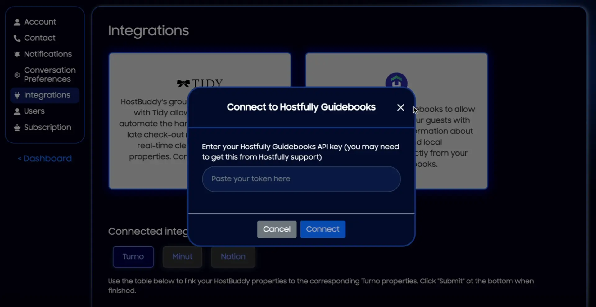 HostBuddy Integrations page showing connection to Hostfully Guidebooks.
