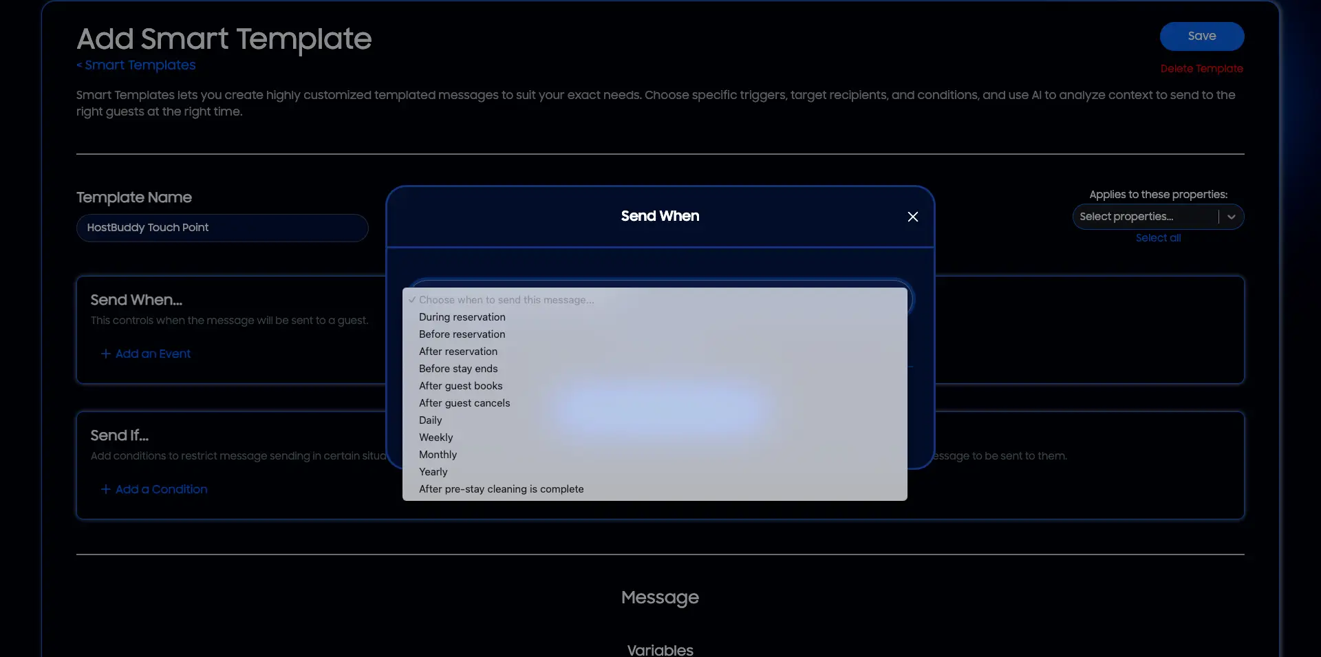 HostBuddy Add Smart Template screen for creating messaging templates with options for timing and conditions.