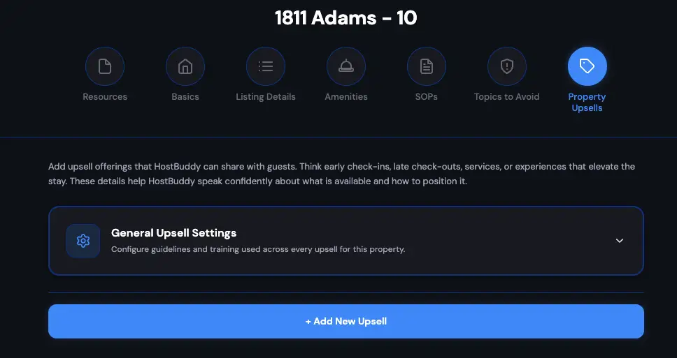 HostBuddy Property Upsells configuration screen for 1811 Adams - 10