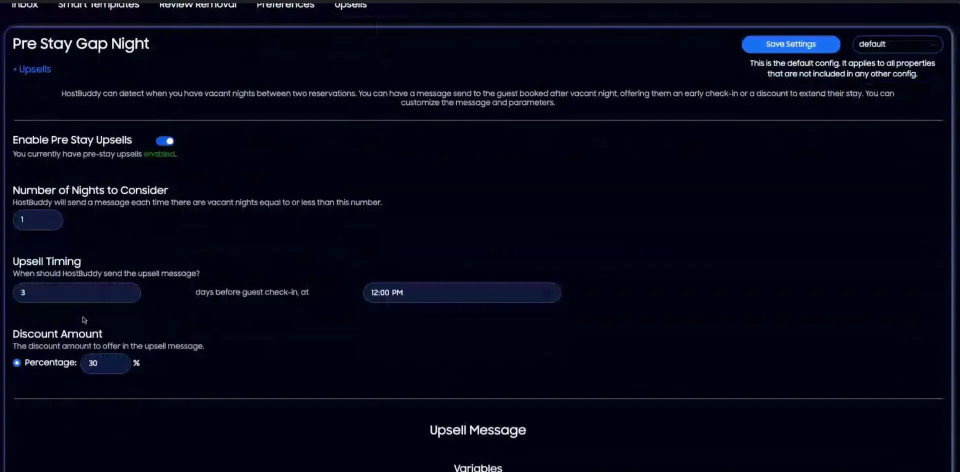 HostBuddy Pre Stay Gap Night upsell settings page