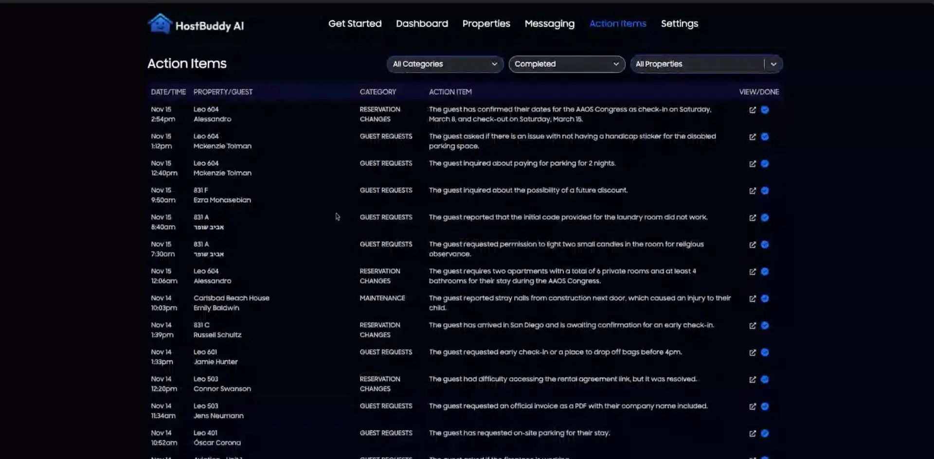 HostBuddy AI Action Items page showing a list of tasks related to guest requests, reservation changes, and maintenance.