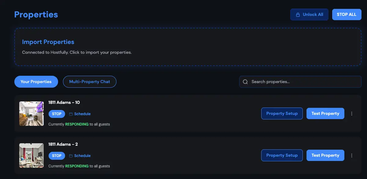 HostBuddy AI Properties section showing property listings and management options.