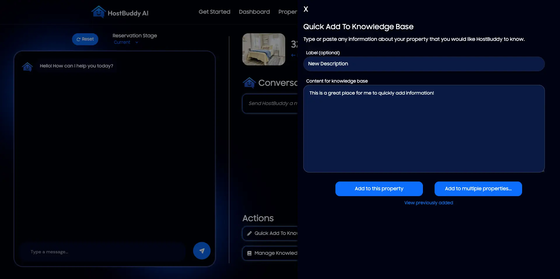 HostBuddy AI Properties Page with Quick Add To Knowledge Base feature