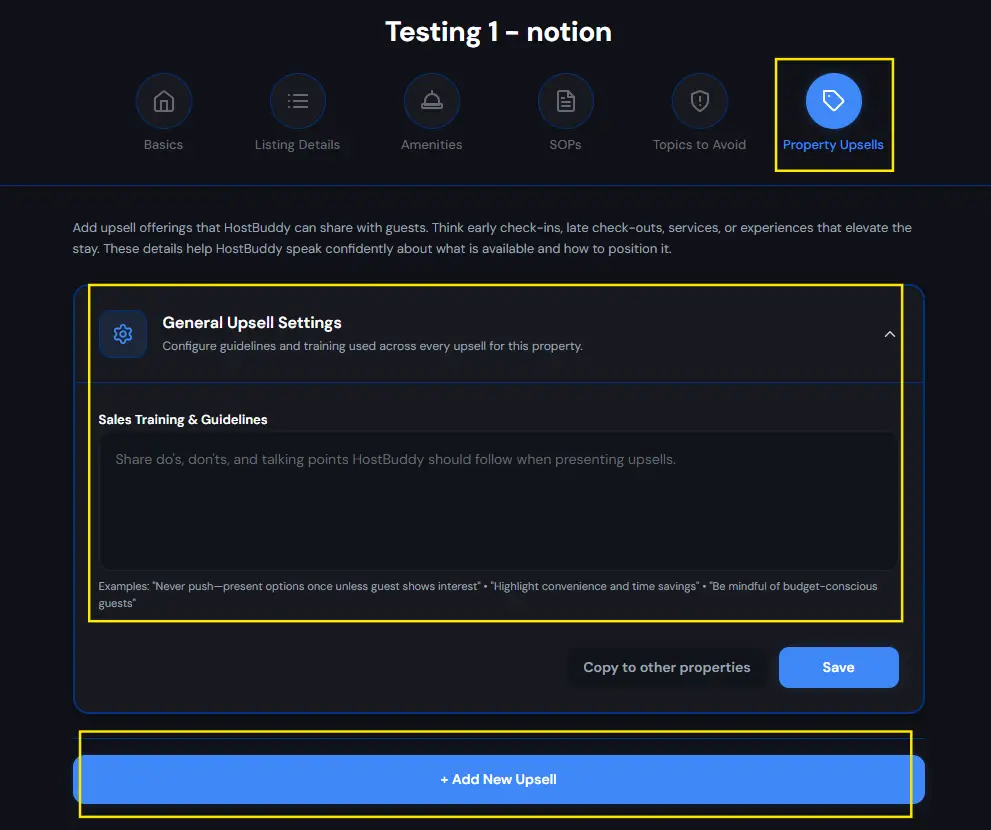 HostBuddy Property Upsells settings screen for Testing 1 - notion