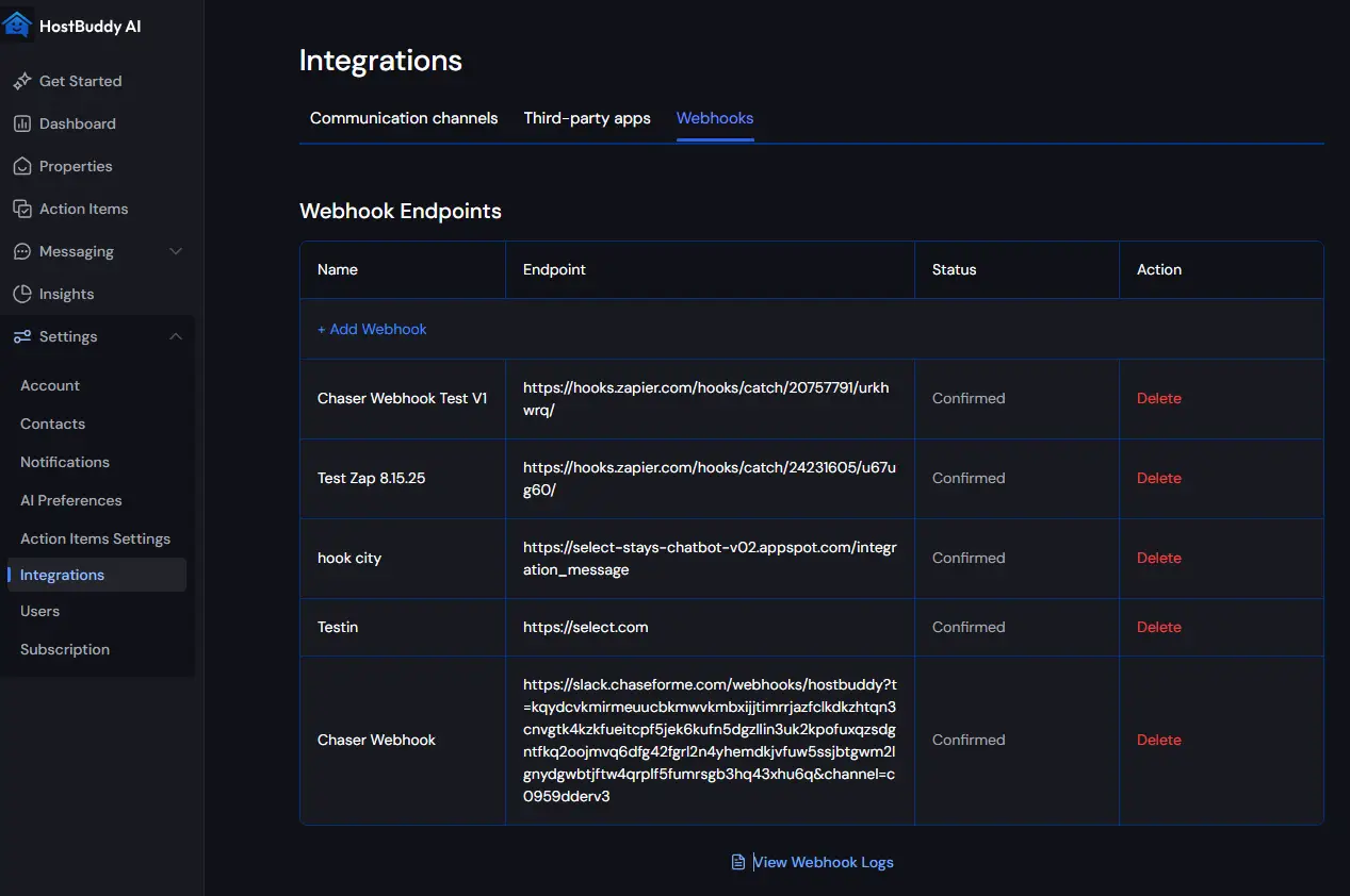 HostBuddy AI Integrations Webhooks page showing a list of webhook endpoints with options to add or delete them.