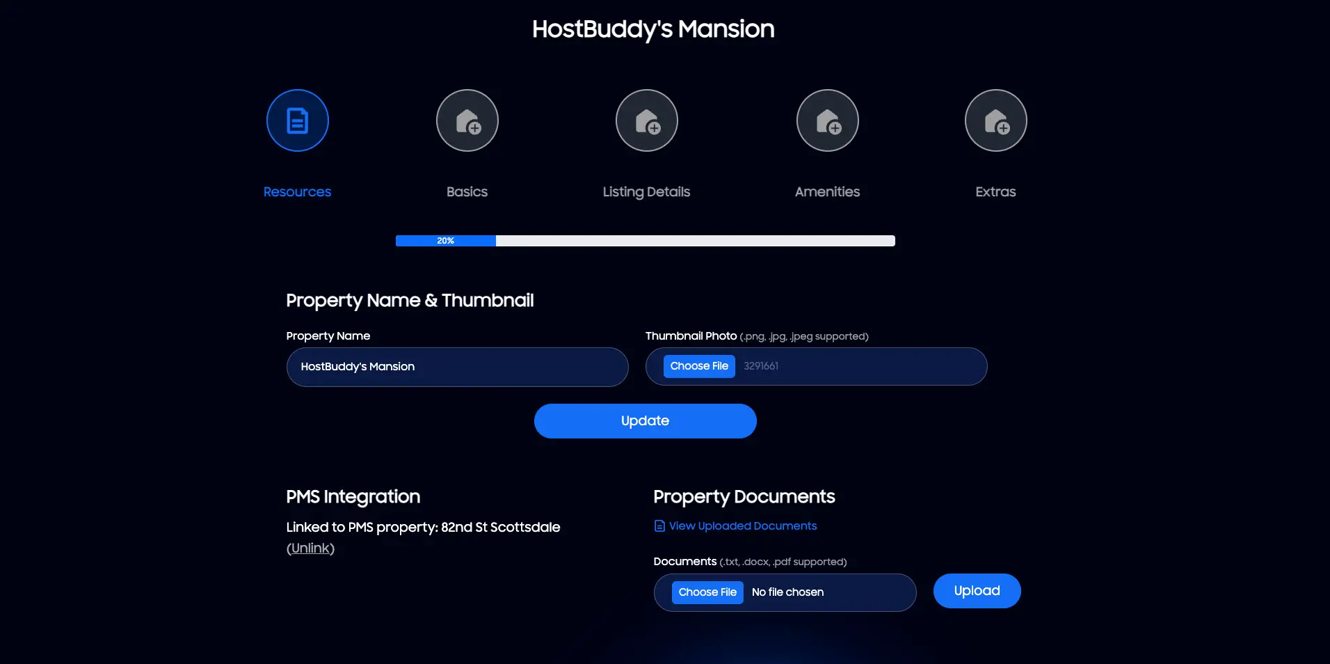 HostBuddy Properties Page showing property setup options including name, thumbnail, PMS integration, and document upload.