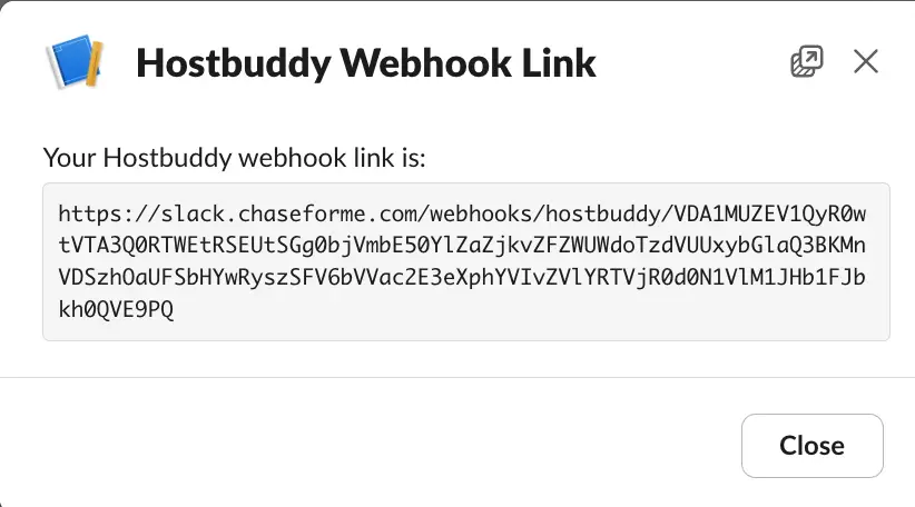 HostBuddy Webhook Link dialog showing a Slack integration URL.