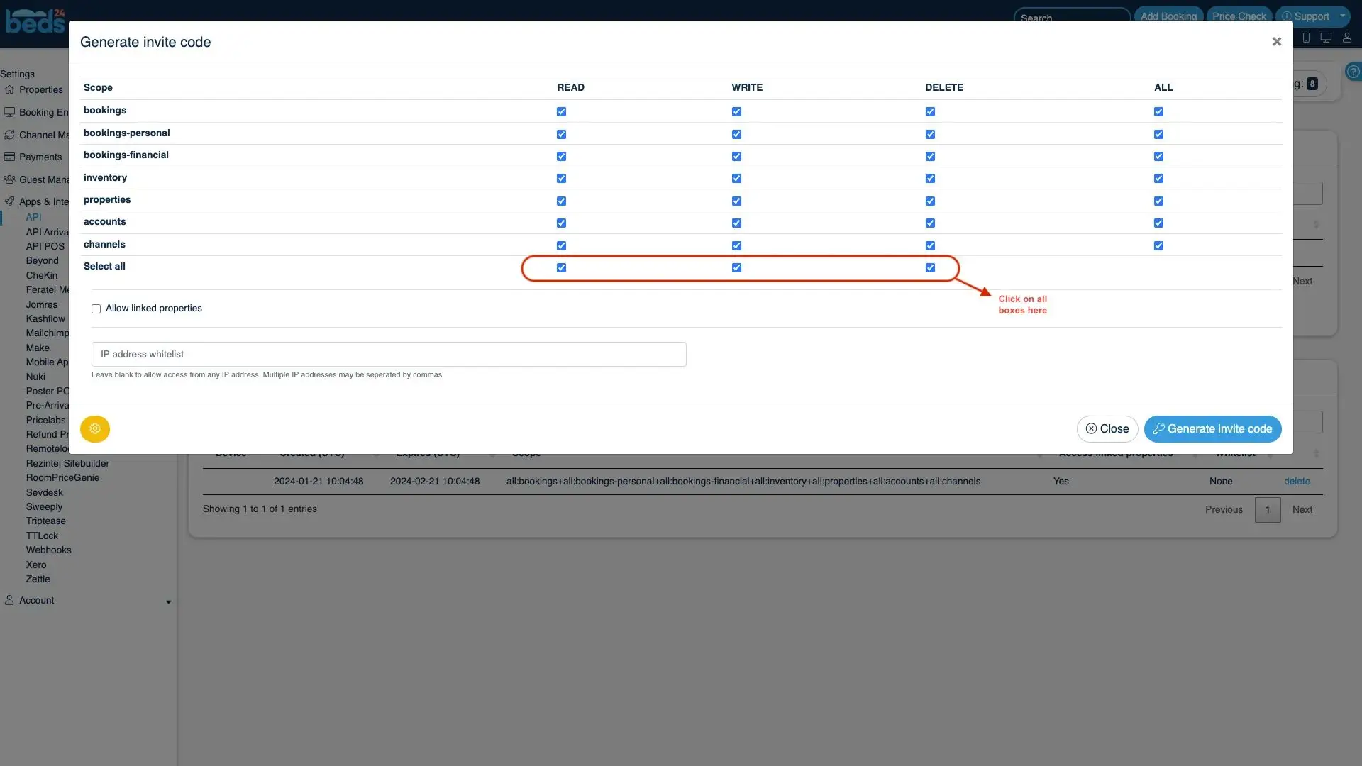 Beds24 Generate invite code interface showing permission settings for various scopes with options to select read, write, delete, and all permissions.