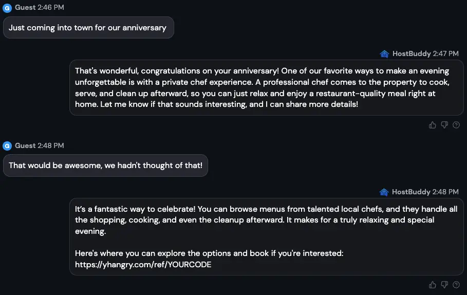 HostBuddy AI messaging interface showing conversation about anniversary celebration with private chef experience.