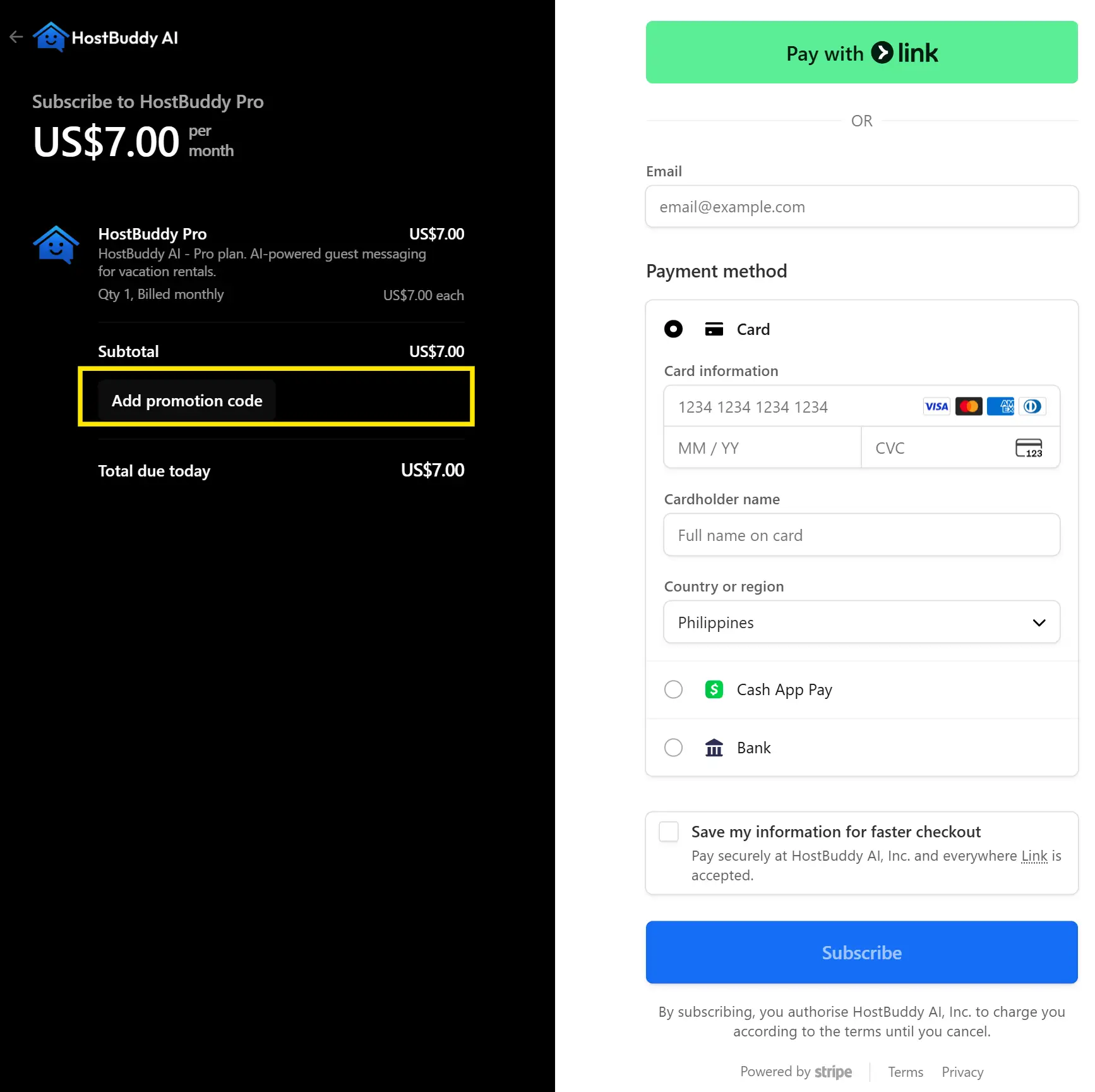HostBuddy AI subscription checkout page for HostBuddy Pro plan
