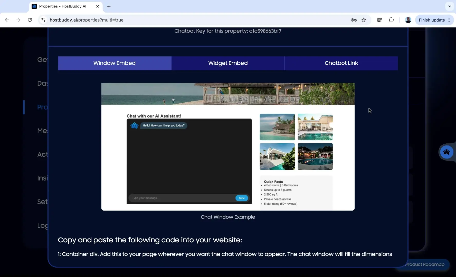 HostBuddy AI Multi-Property Chat setup instructions with chat window example and property details.