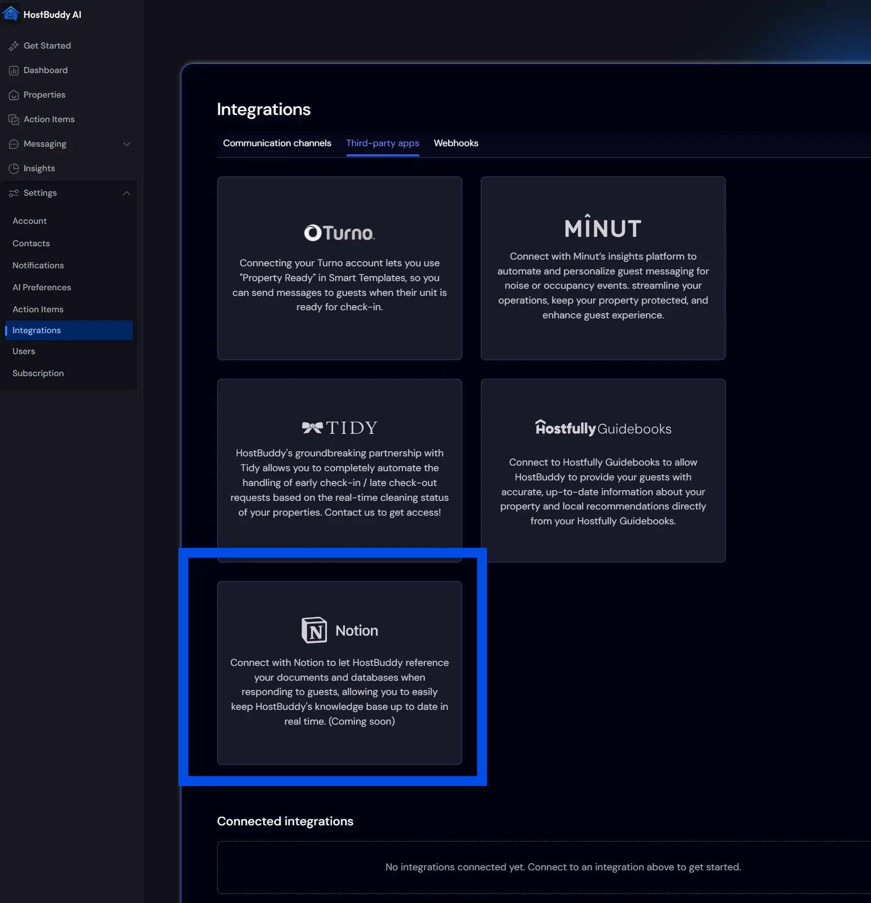 HostBuddy AI Integrations page showing third-party apps including Notion, OTurno, MiNUT, Tidy, and Hostfully Guidebooks.