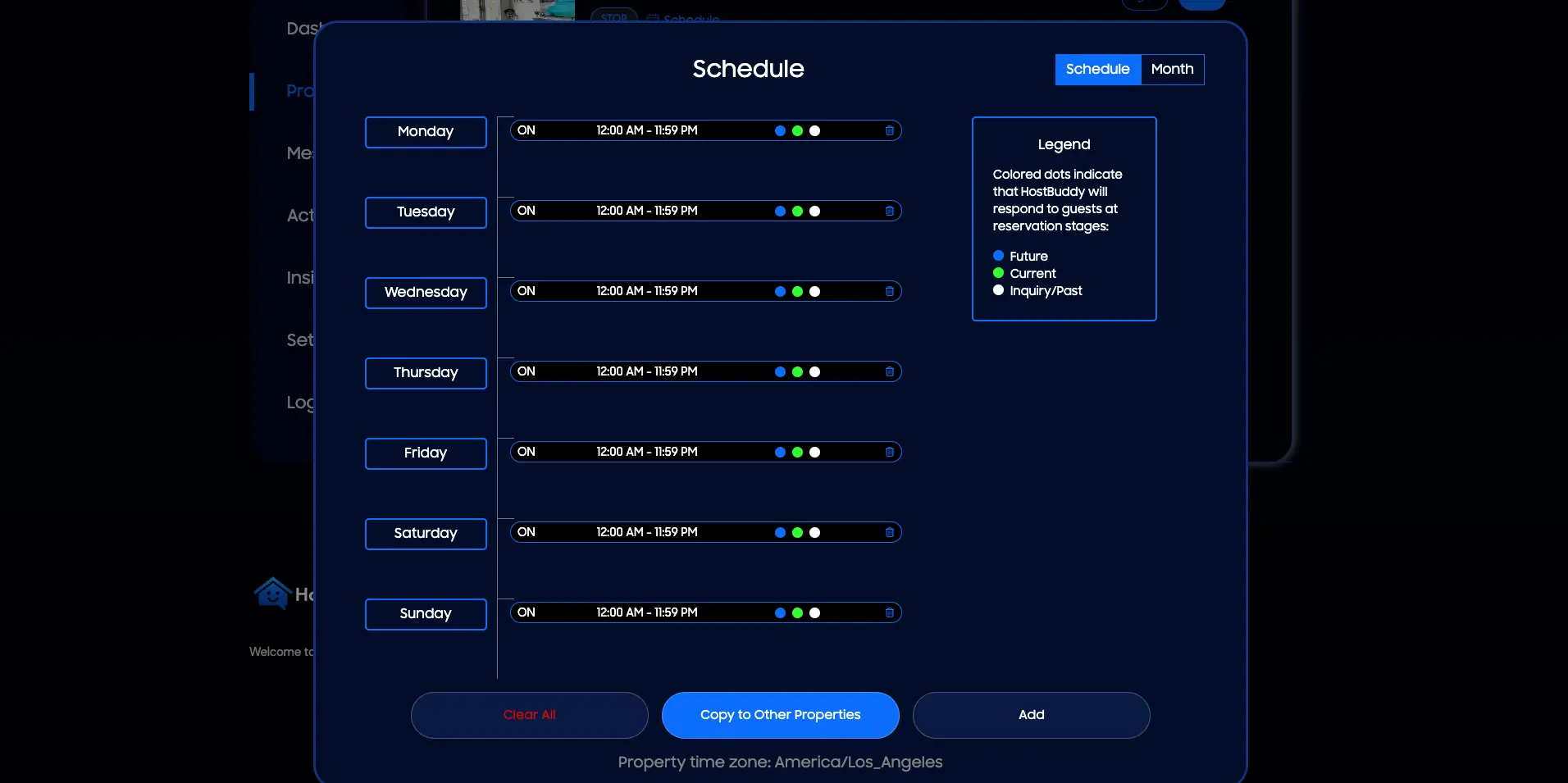 HostBuddy Schedule screen for setting automated messaging times.