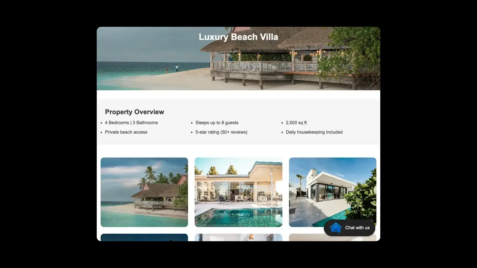 Luxury Beach Villa webpage with property overview and chat option