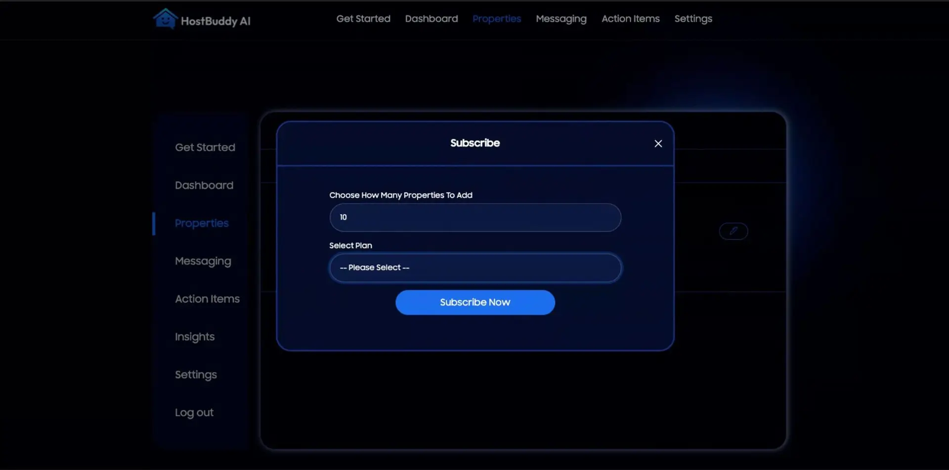HostBuddy AI Subscribe screen in Properties section