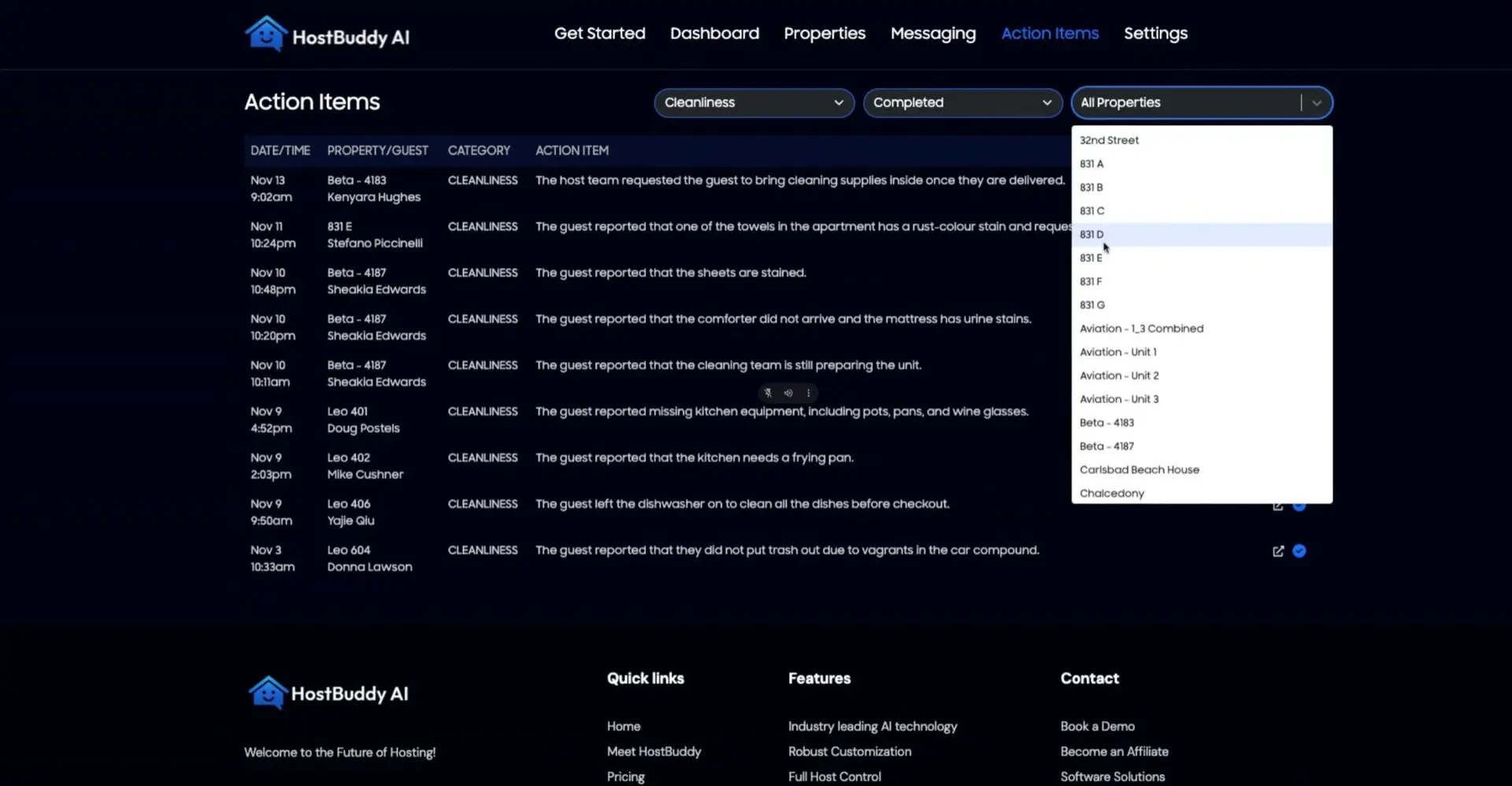 HostBuddy AI Action Items page showing cleanliness issues and property selection dropdown.