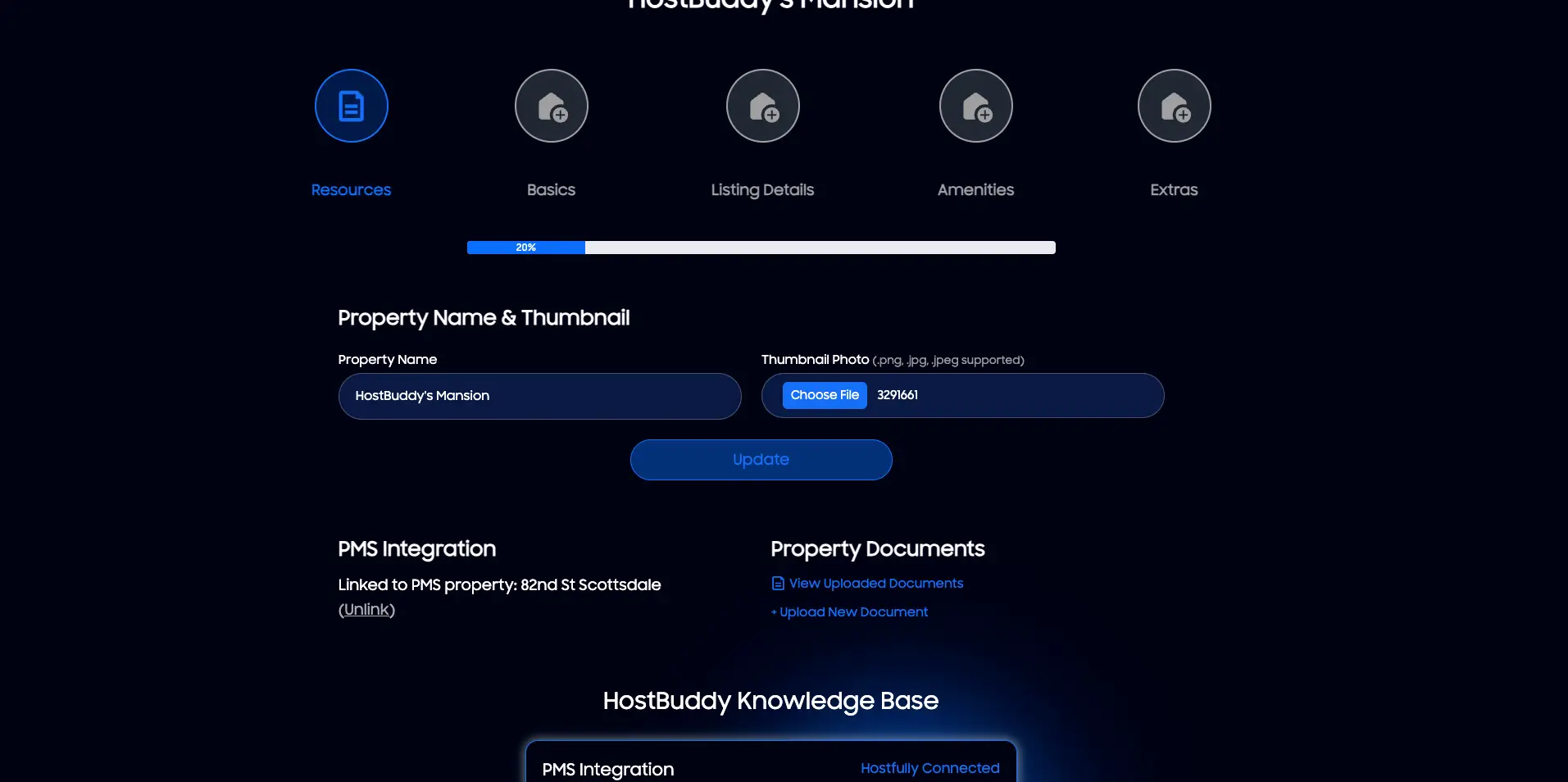 HostBuddy Properties Page showing property name, thumbnail upload, PMS integration, and document management options.