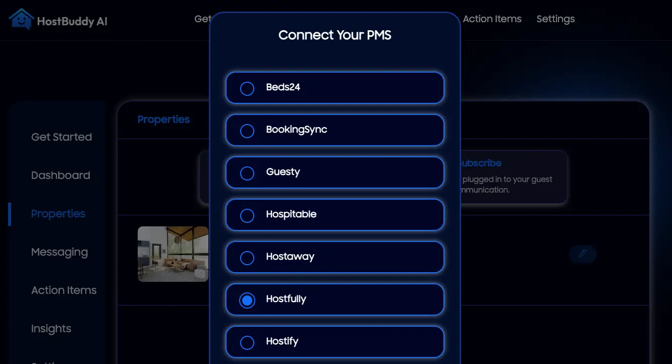 HostBuddy AI Connect Your PMS screen with Hostfully selected for integration.