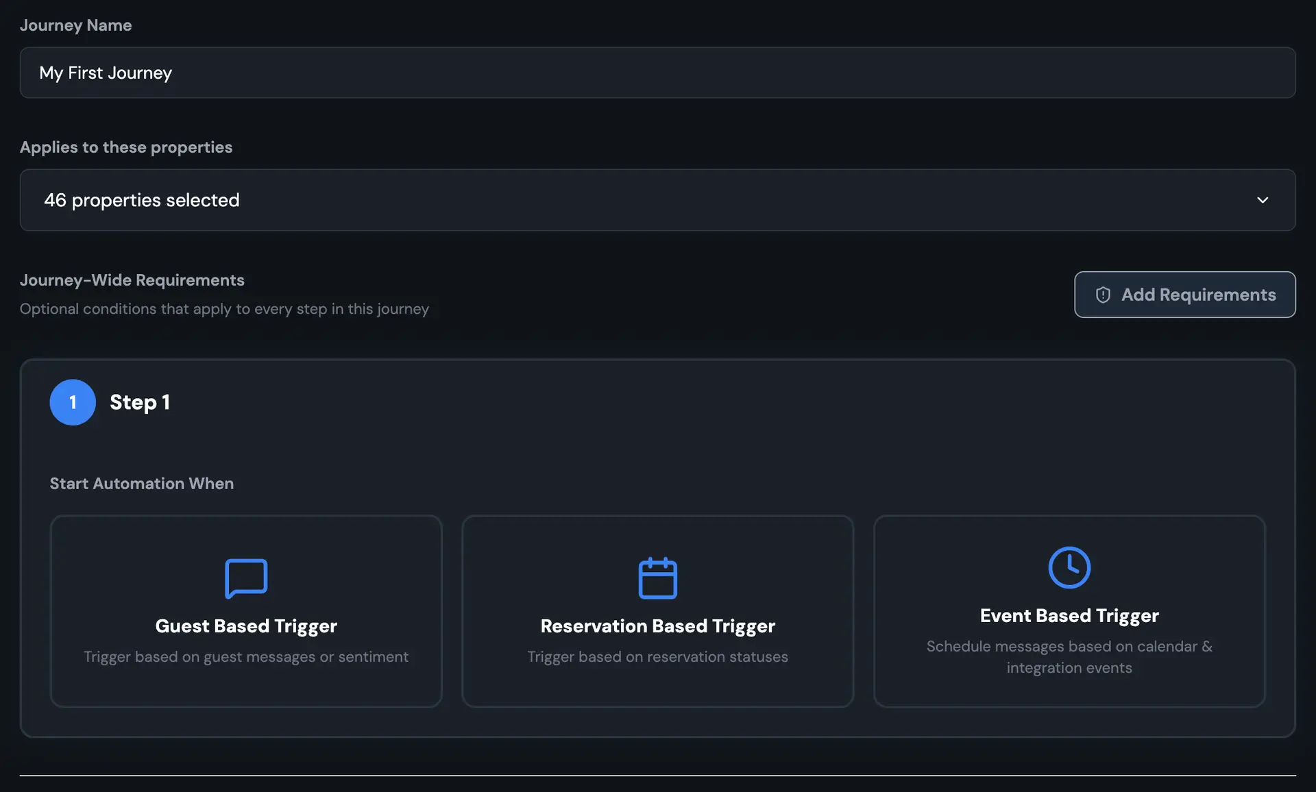 HostBuddy AI Messaging Overview screen showing journey setup with triggers for guest, reservation, and event-based automation.