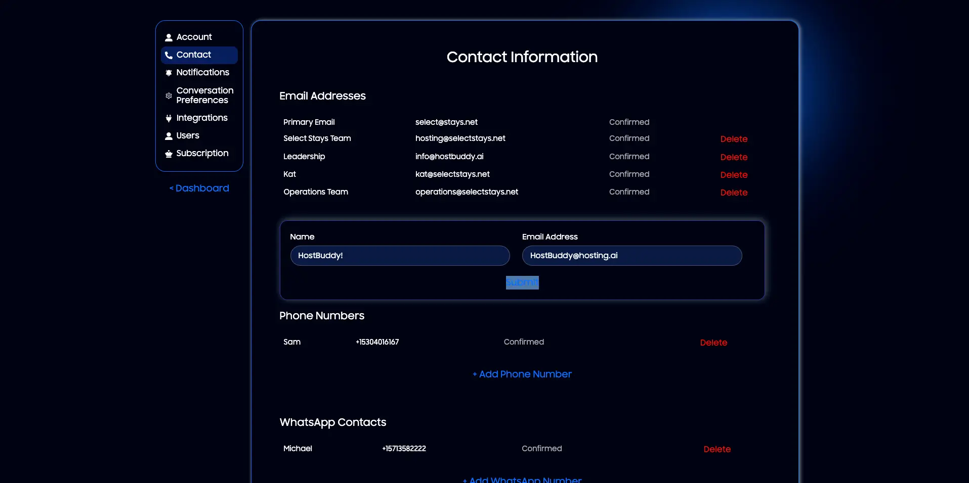 HostBuddy Contact Information settings page showing email addresses, phone numbers, and WhatsApp contacts with options to add or delete entries.