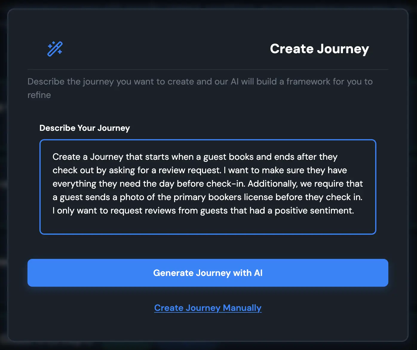 HostBuddy Create Journey screen for defining guest communication processes.