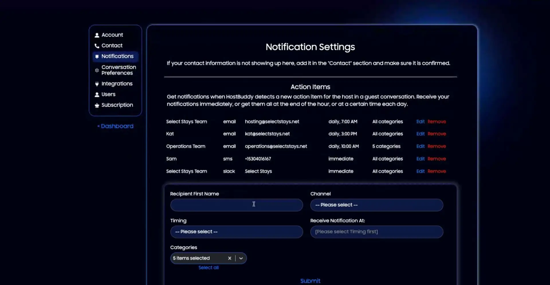 HostBuddy Notification Settings page showing notification preferences and configuration options.