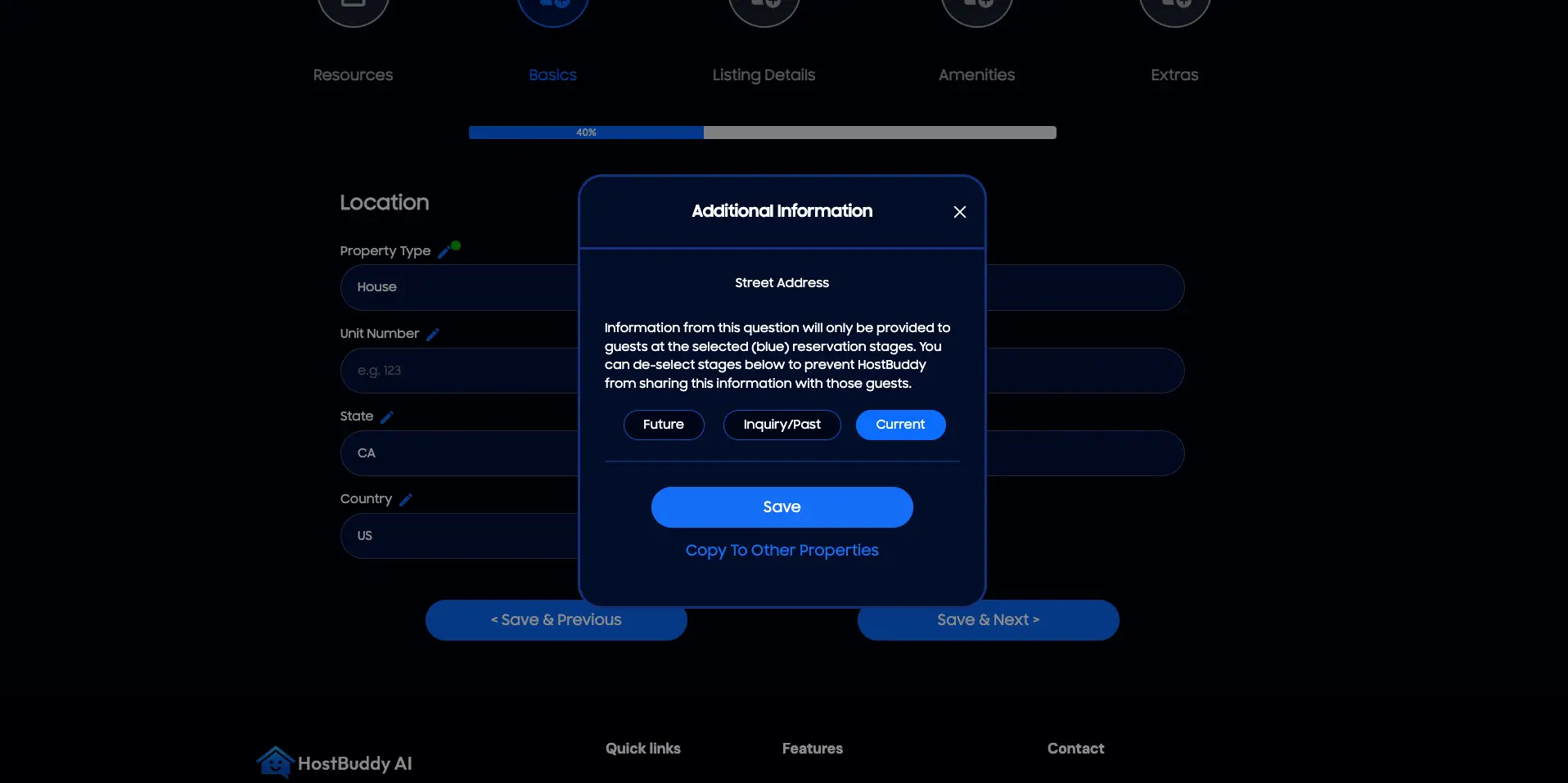 HostBuddy AI Properties Page Basics section with Additional Information modal open.