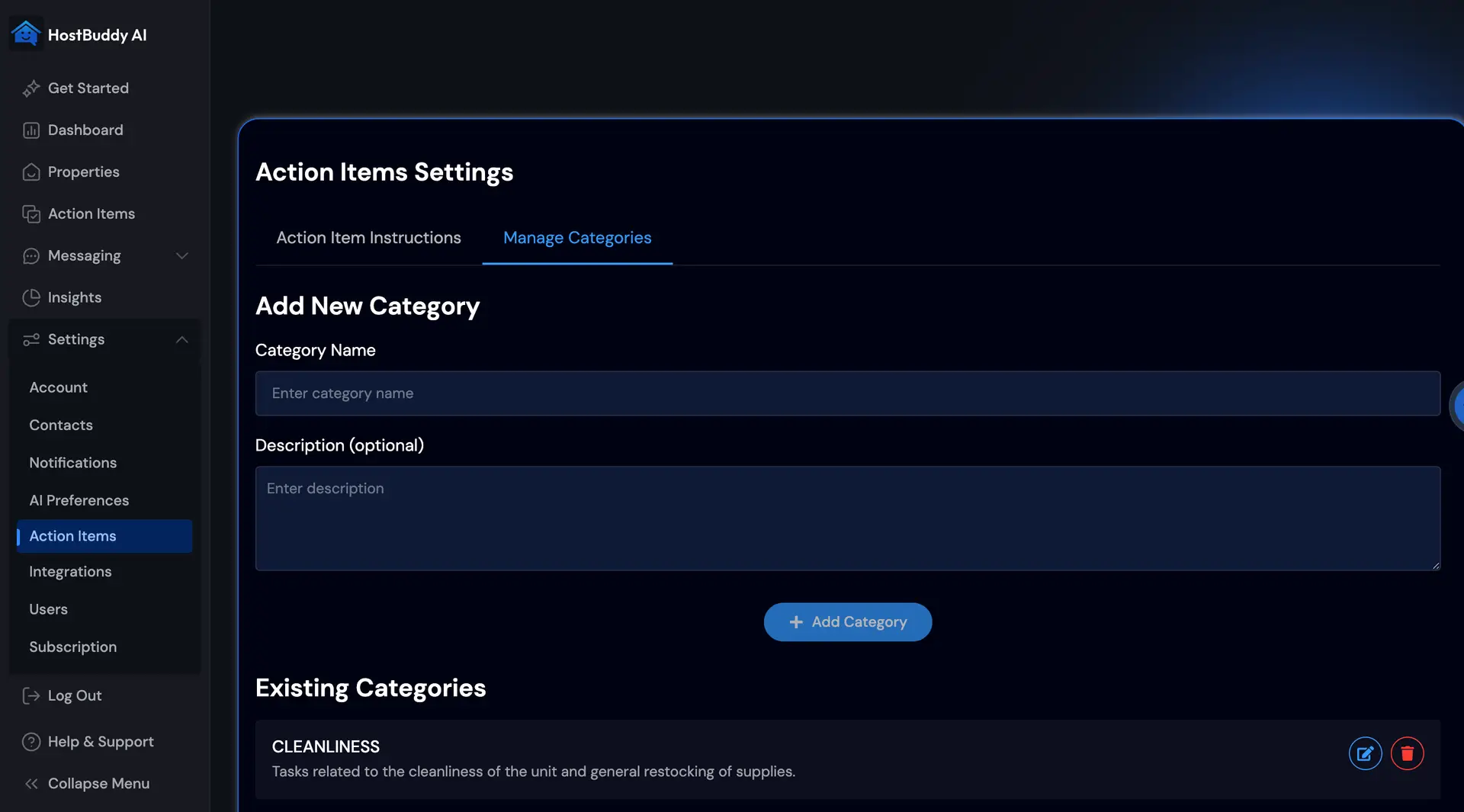 HostBuddy AI Action Items Settings Manage Categories page
