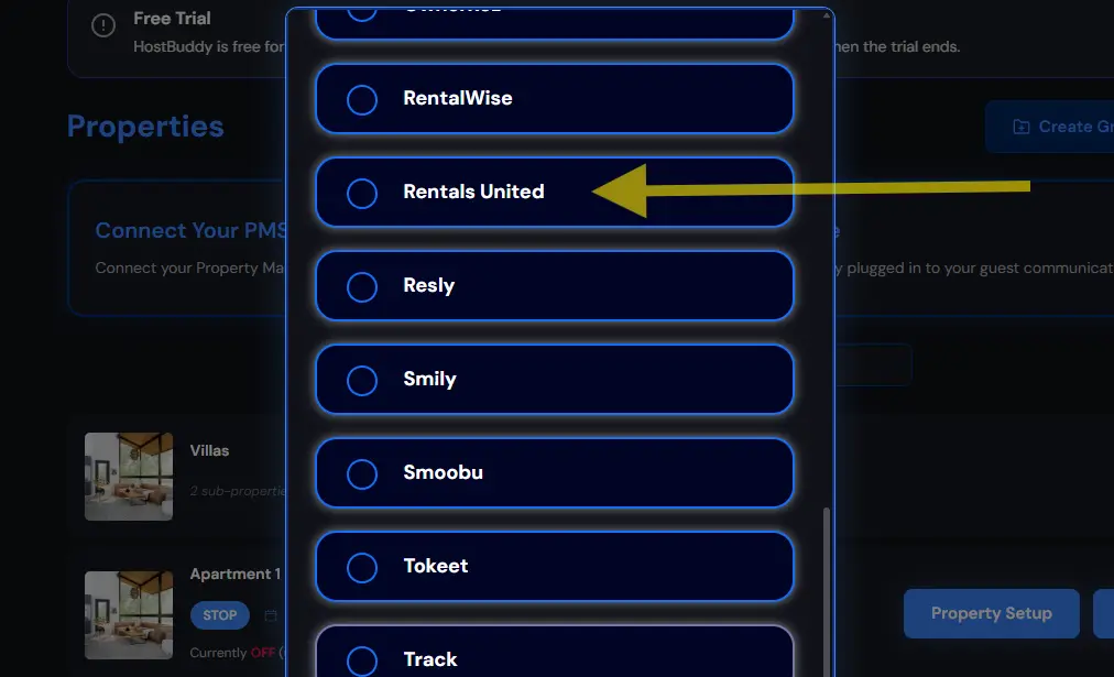 HostBuddy PMS Integration screen with Rentals United selected