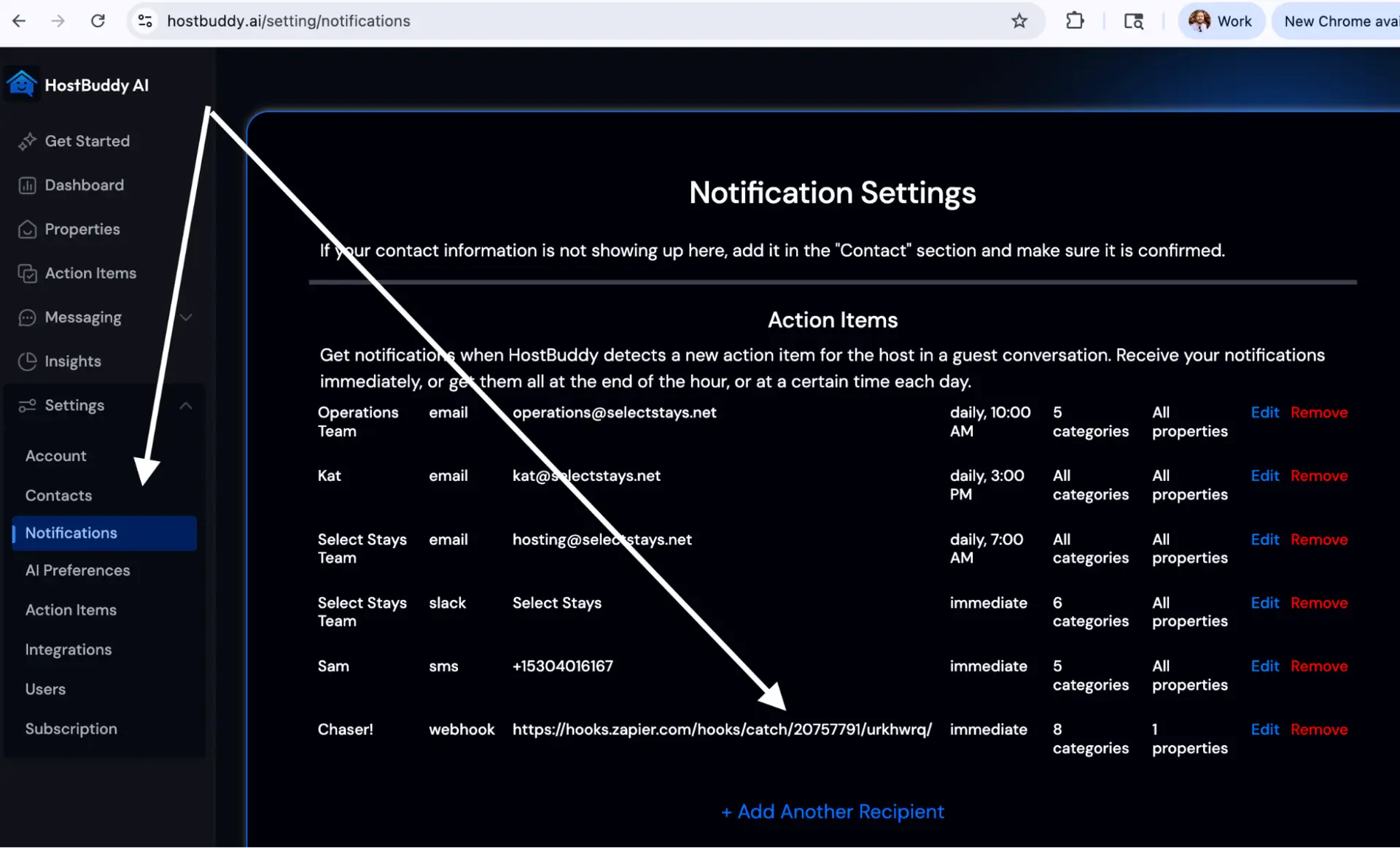 HostBuddy AI Notification Settings page showing recipient list and notification methods.