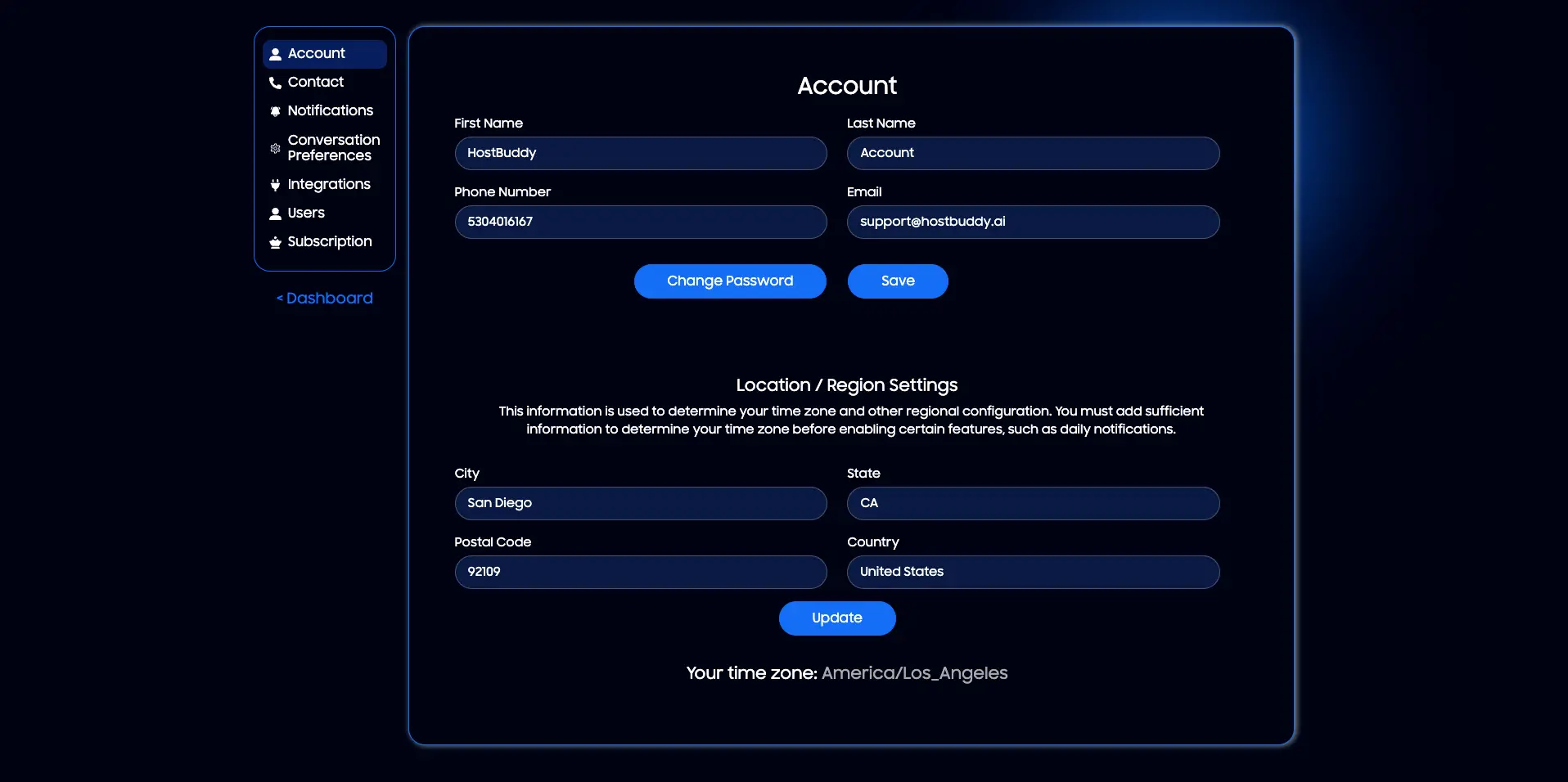 HostBuddy Account settings page with location and region settings.