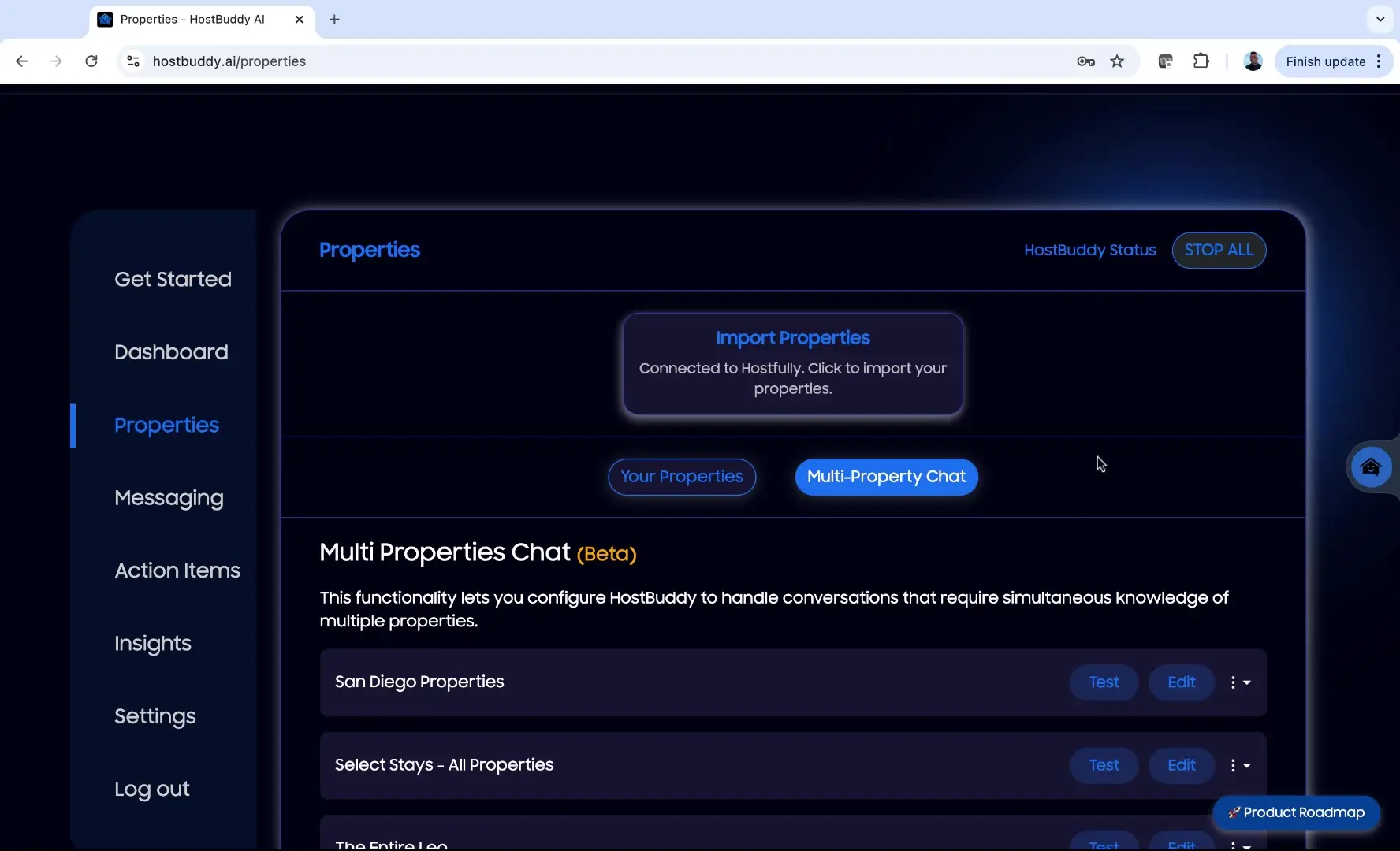 HostBuddy AI Multi-Property Chat setup screen showing property import and configuration options.