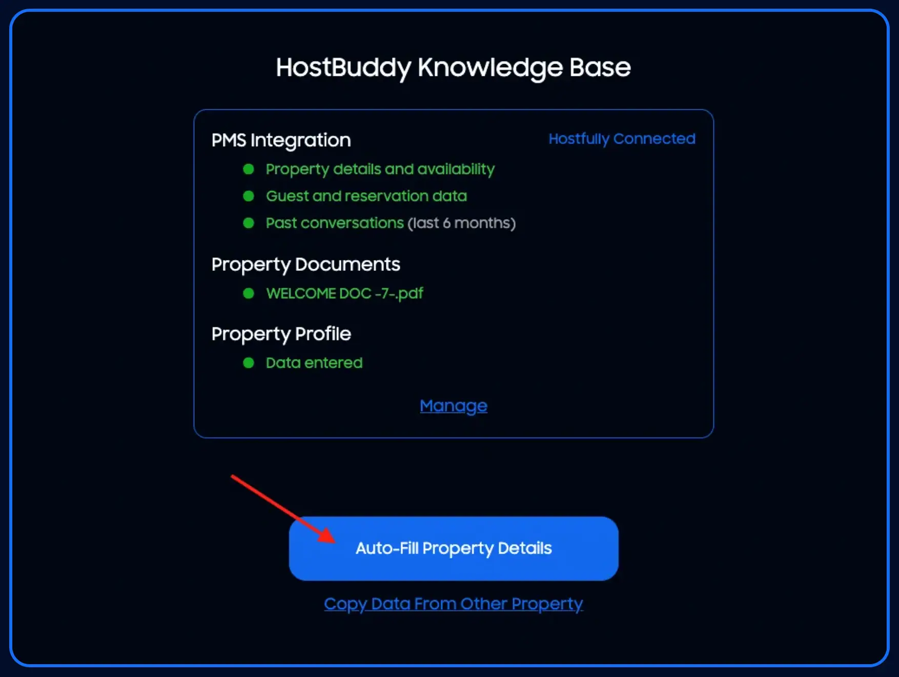 HostBuddy Knowledge Base Quick Start screen with PMS Integration and Auto-Fill Property Details button.