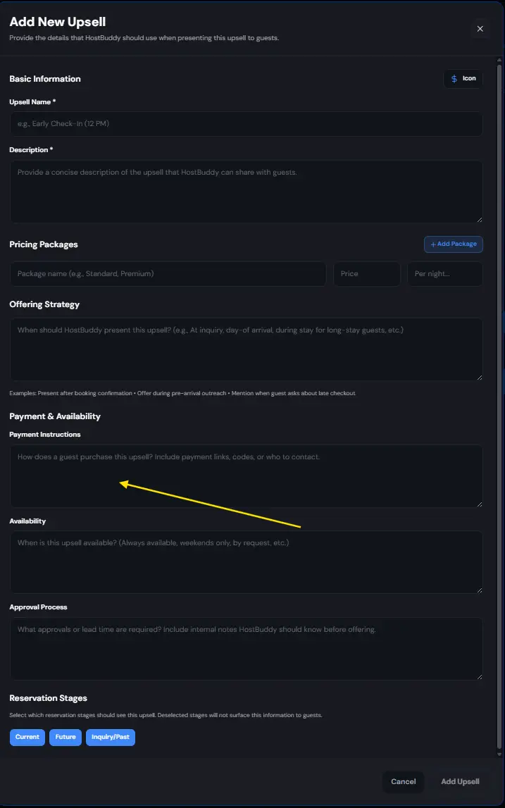 HostBuddy Add New Upsell screen for configuring guest upsell options