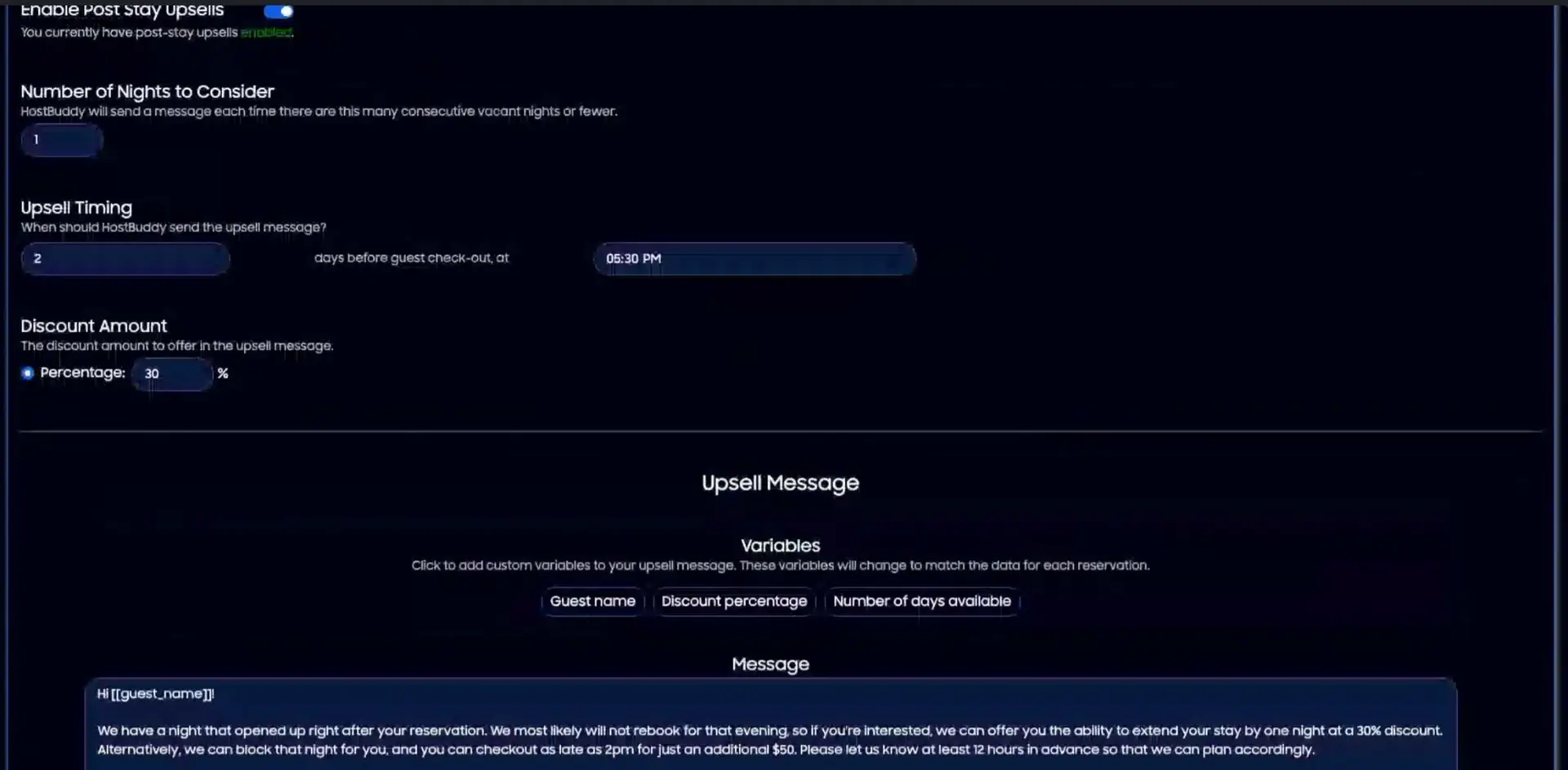 HostBuddy Upsell Message settings screen for configuring post-stay upsells.