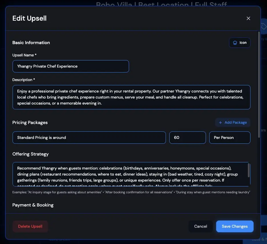 The screenshot shows the "Edit Upsell" interface within the HostBuddy AI software, specifically for a "Yhangry Private Chef Experience." It allows users to configure details such as the upsell name, description, pricing, and offering strategy, including when to recommend the service to guests.